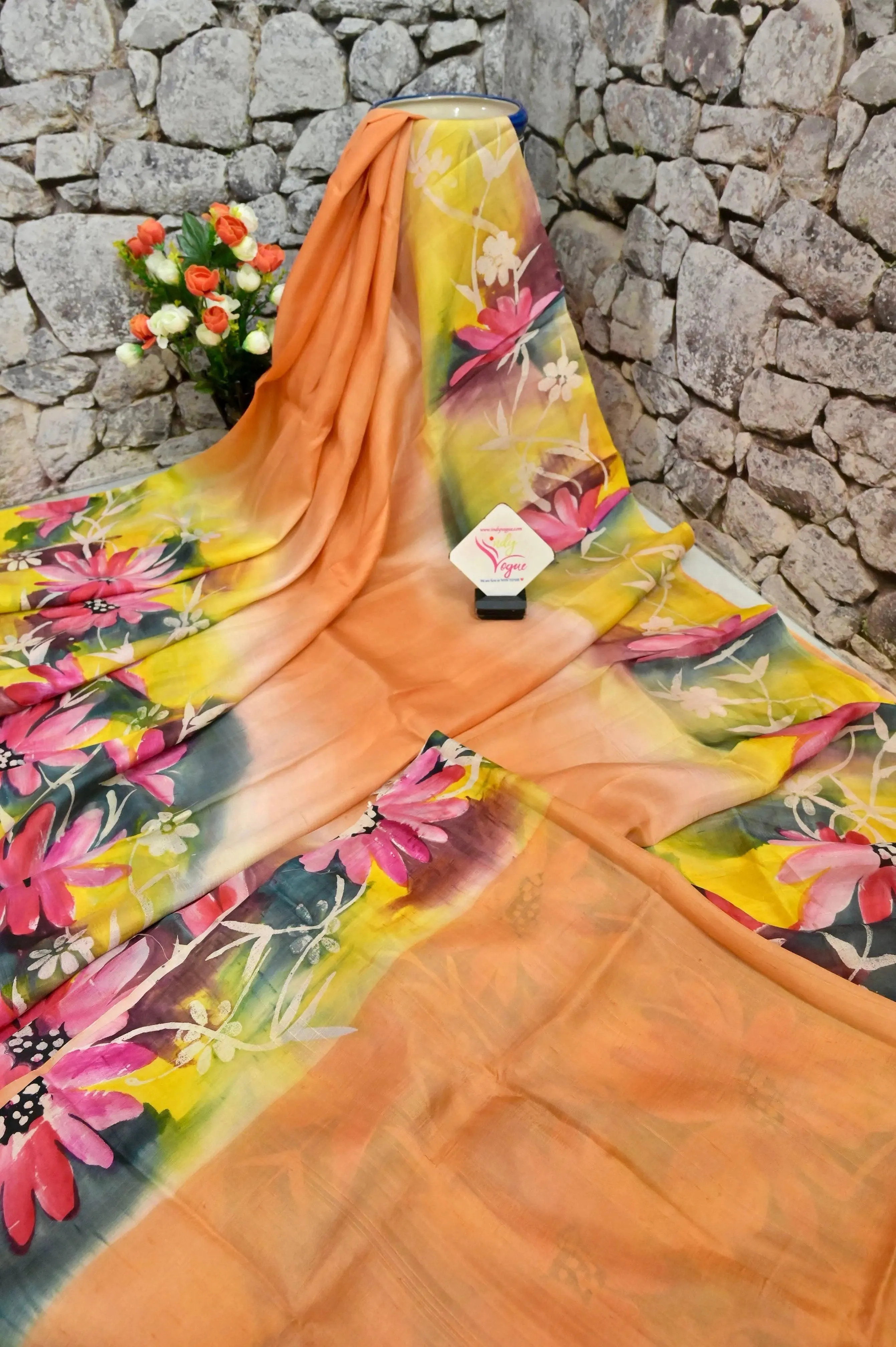 Peach and Multicolored Pure Bishnupur Silk Saree with Hand Painted Work