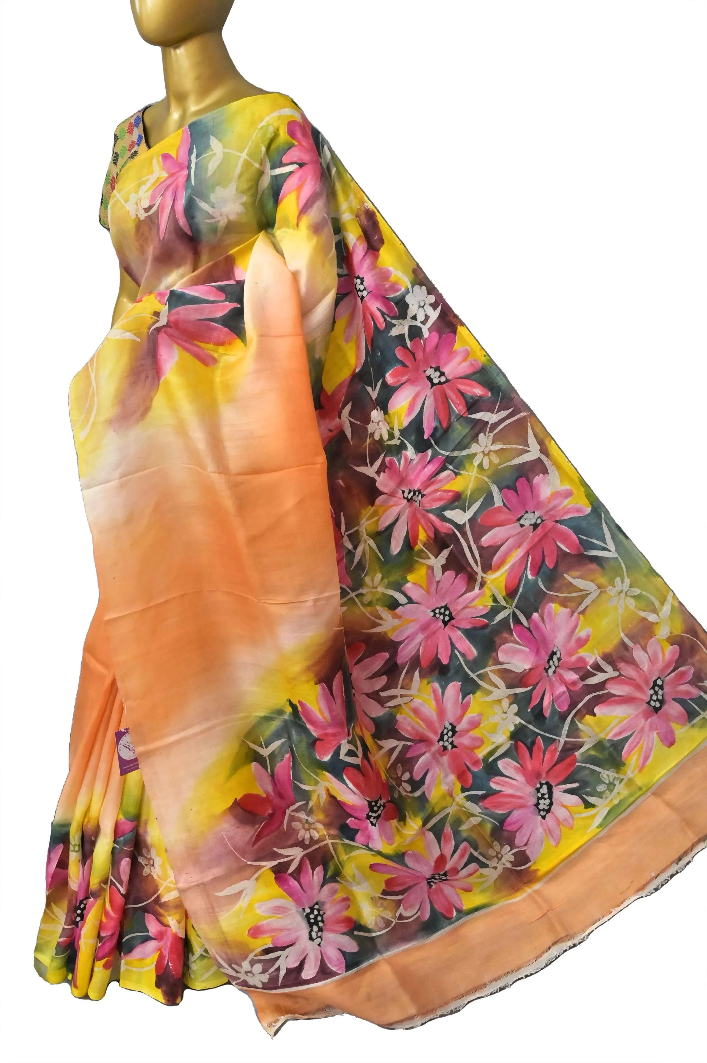 Peach and Multicolored Pure Bishnupur Silk Saree with Hand Painted Work