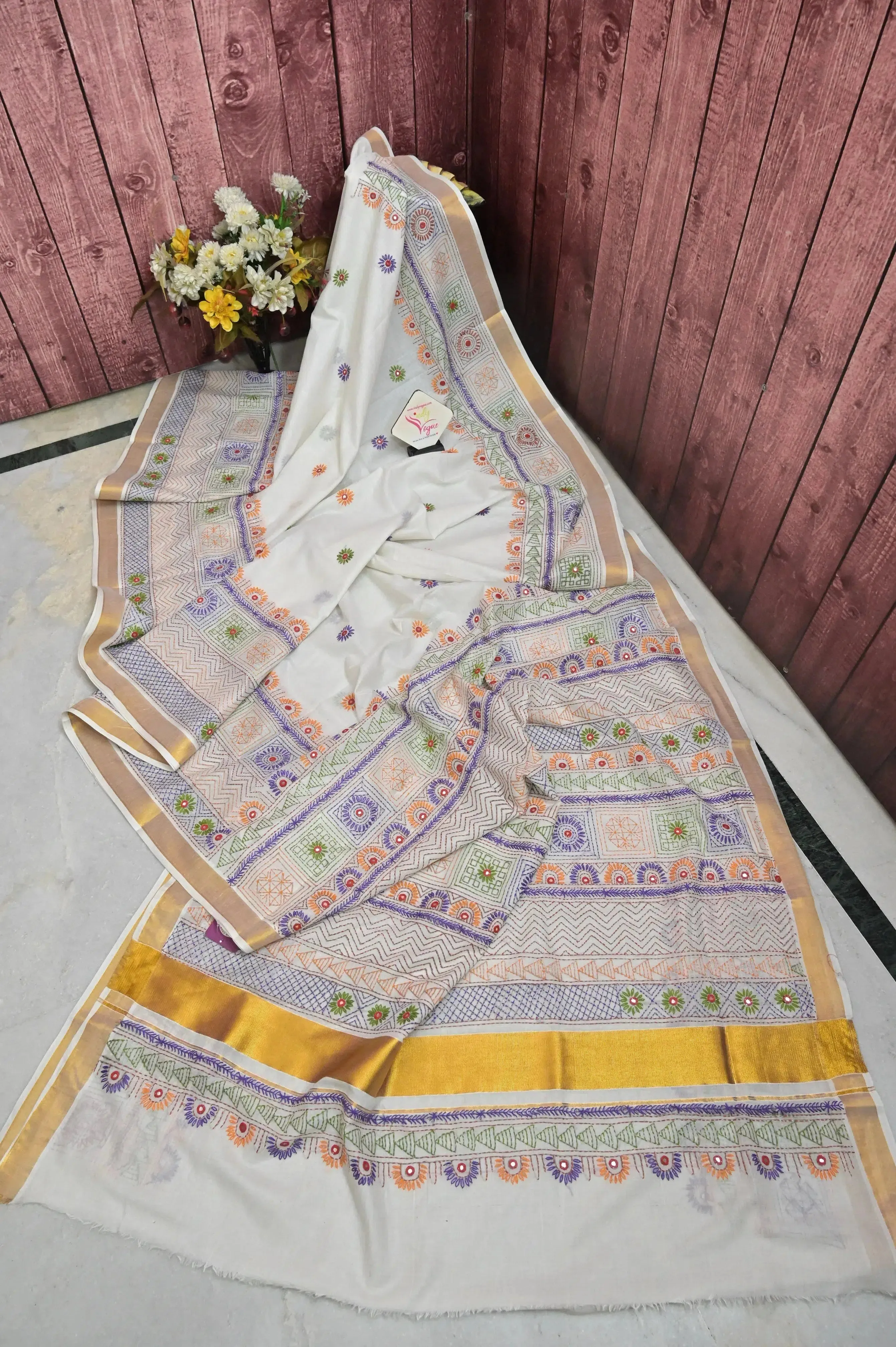 Pearl White Color Kerala Cotton Saree with Hand Lambani and Mirror Work