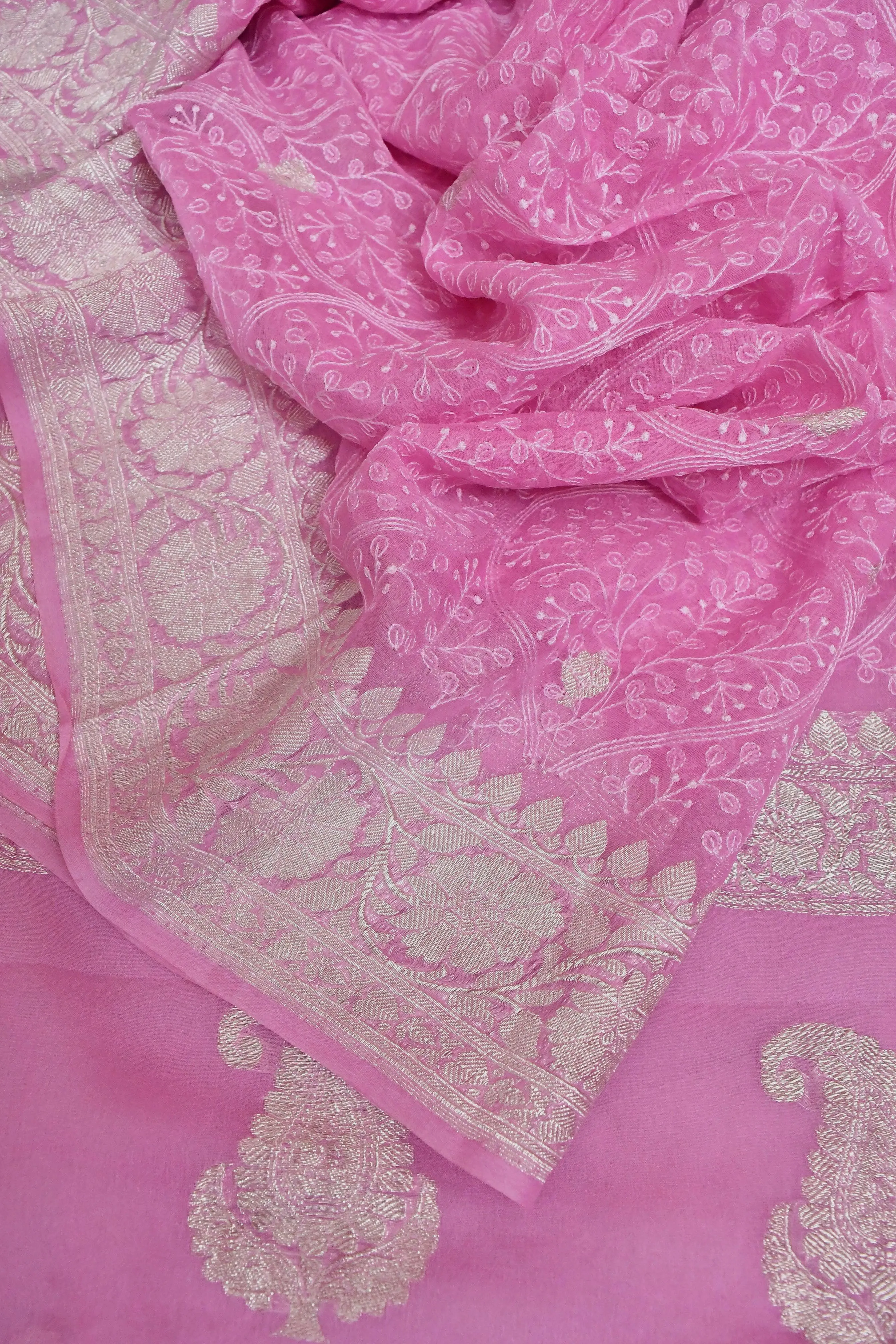 Pink Color Chiffon Banarasi with Silver Zari Work and Allover Chikankari Embroidery