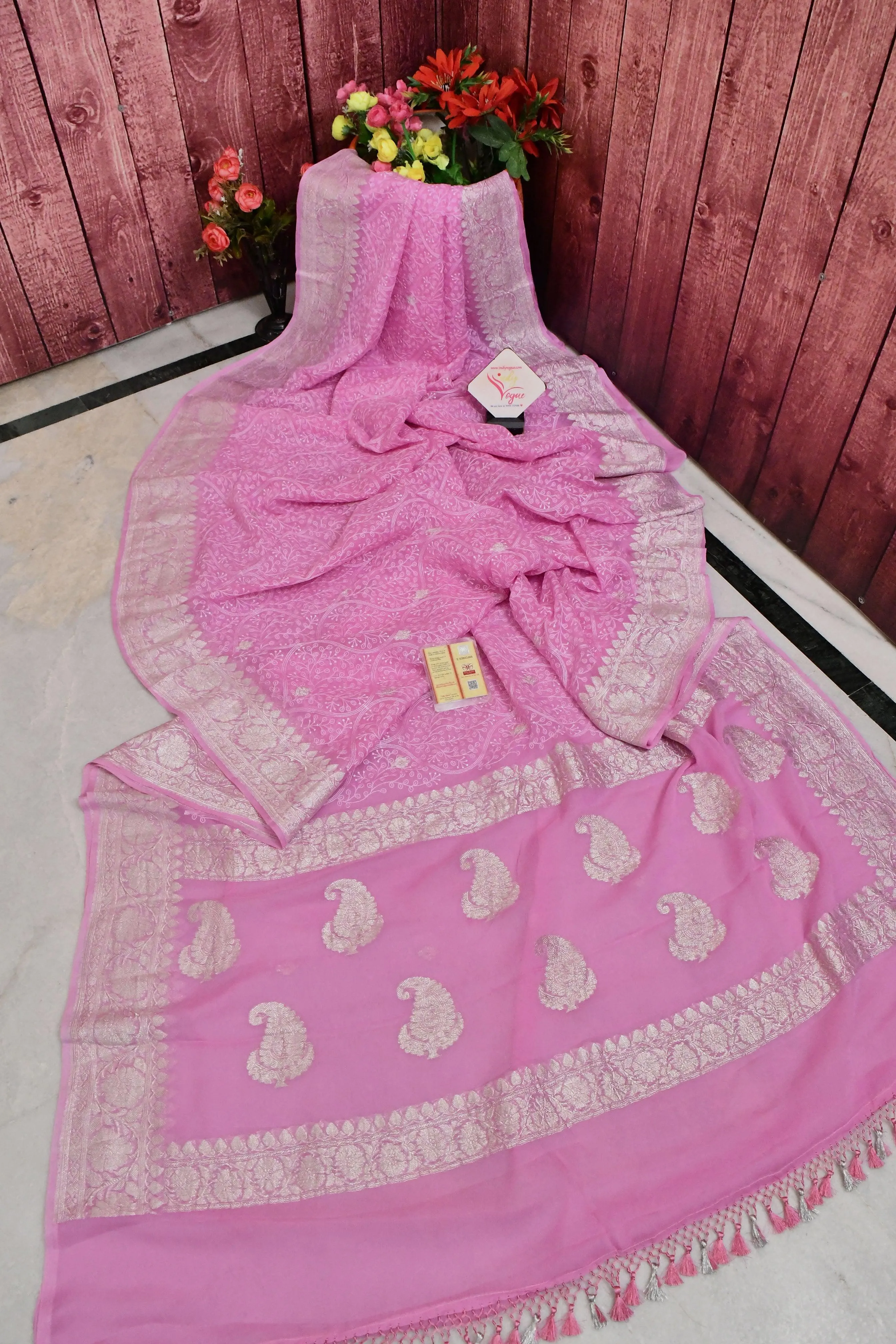 Pink Color Chiffon Banarasi with Silver Zari Work and Allover Chikankari Embroidery