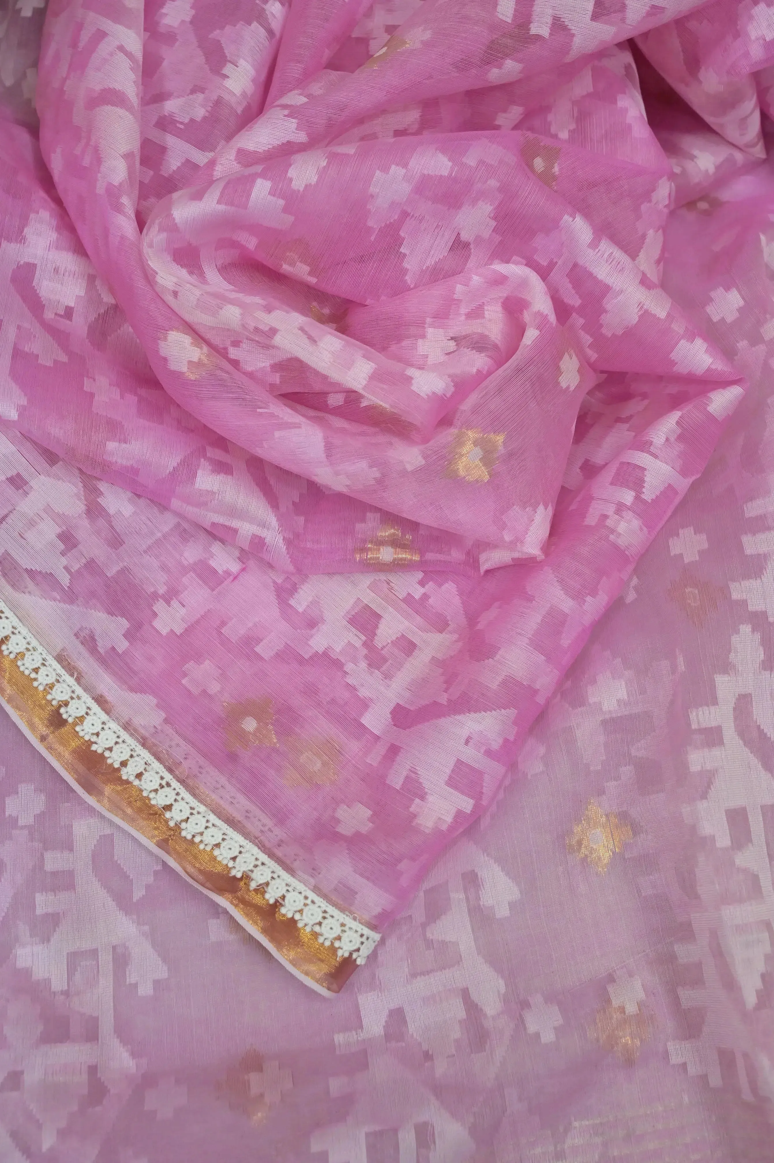 Pink Color Muslin Jamdani with Self Jamdani Weaving and Zari Work