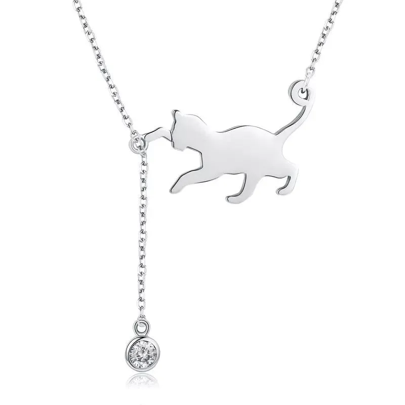 Playful Cat Necklace in Solid 925 Sterling Silver and Zircon