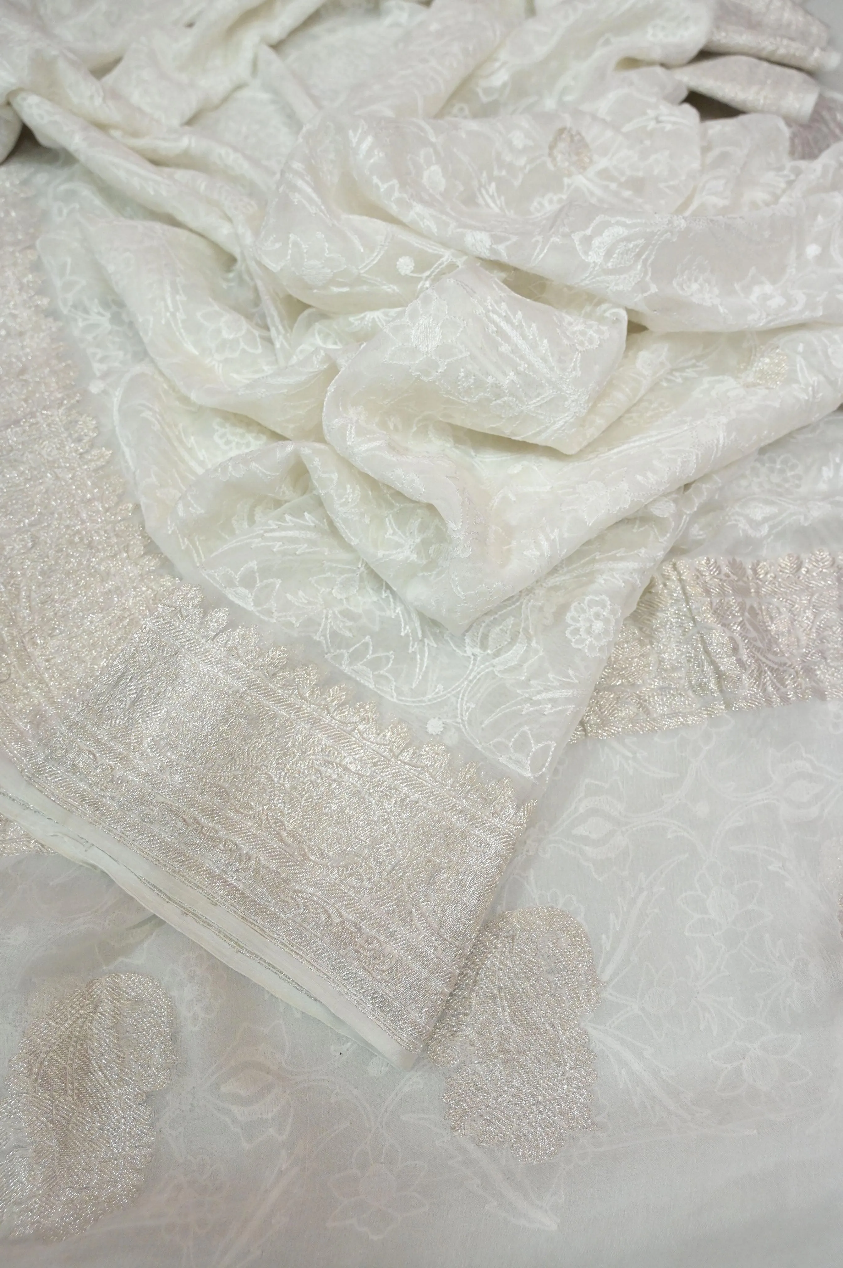 Powder White Color Chiffon Saree with Chikankari and Silver Butta Work