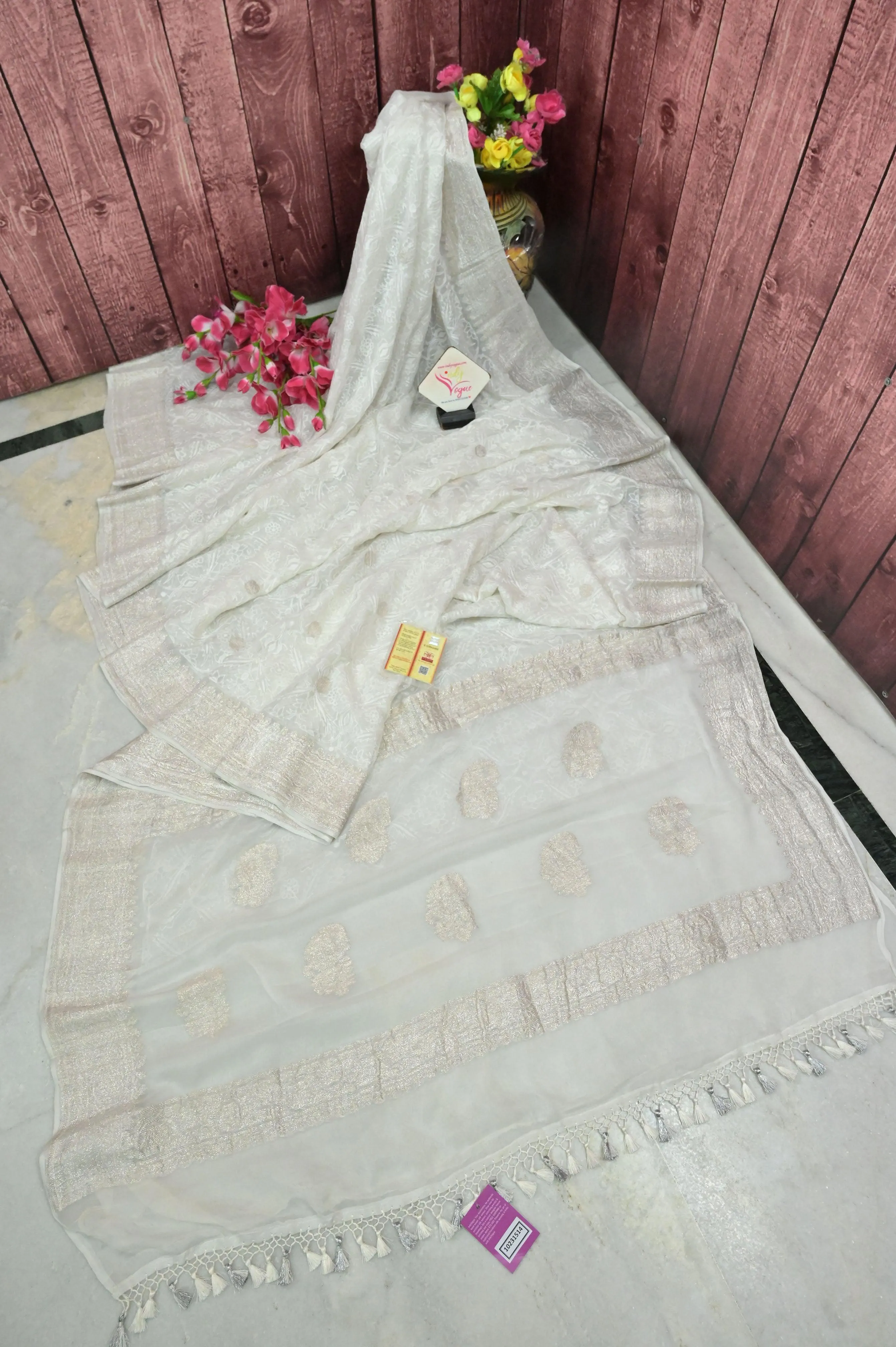 Powder White Color Chiffon Saree with Chikankari and Silver Butta Work