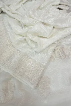 Powder White Color Chiffon Saree with Chikankari and Silver Butta Work