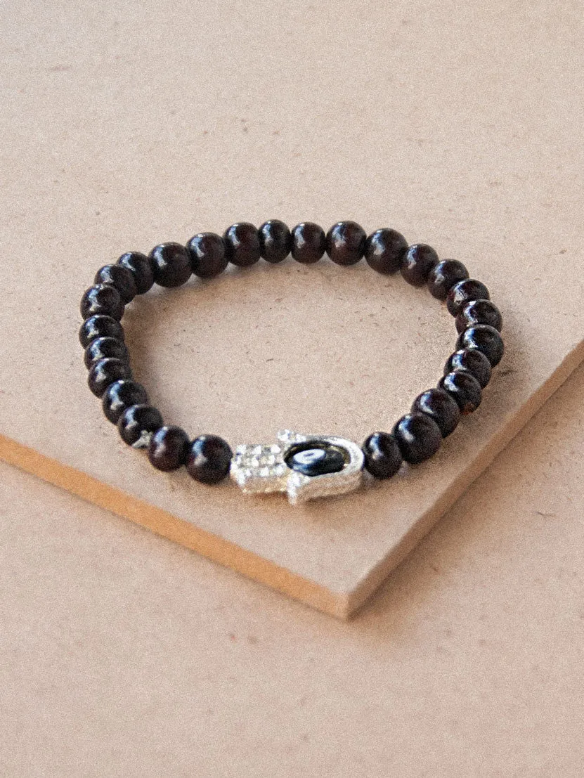 Rosewood Beaded Bracelet with Hamsa Charm