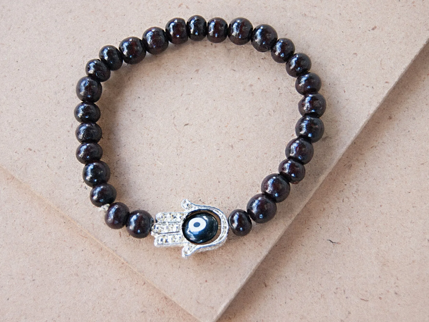 Rosewood Beaded Bracelet with Hamsa Charm