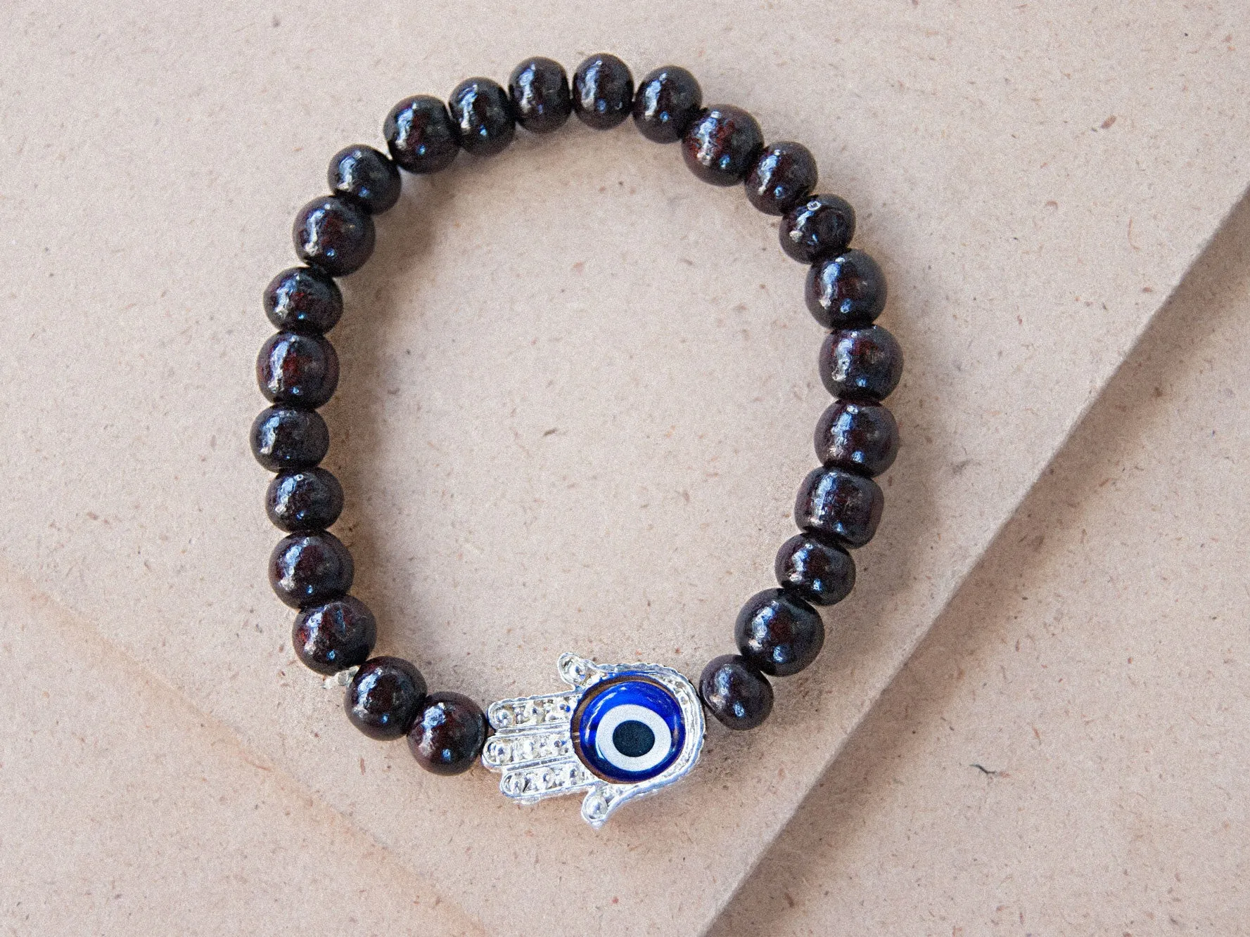 Rosewood Beaded Bracelet with Hamsa Charm