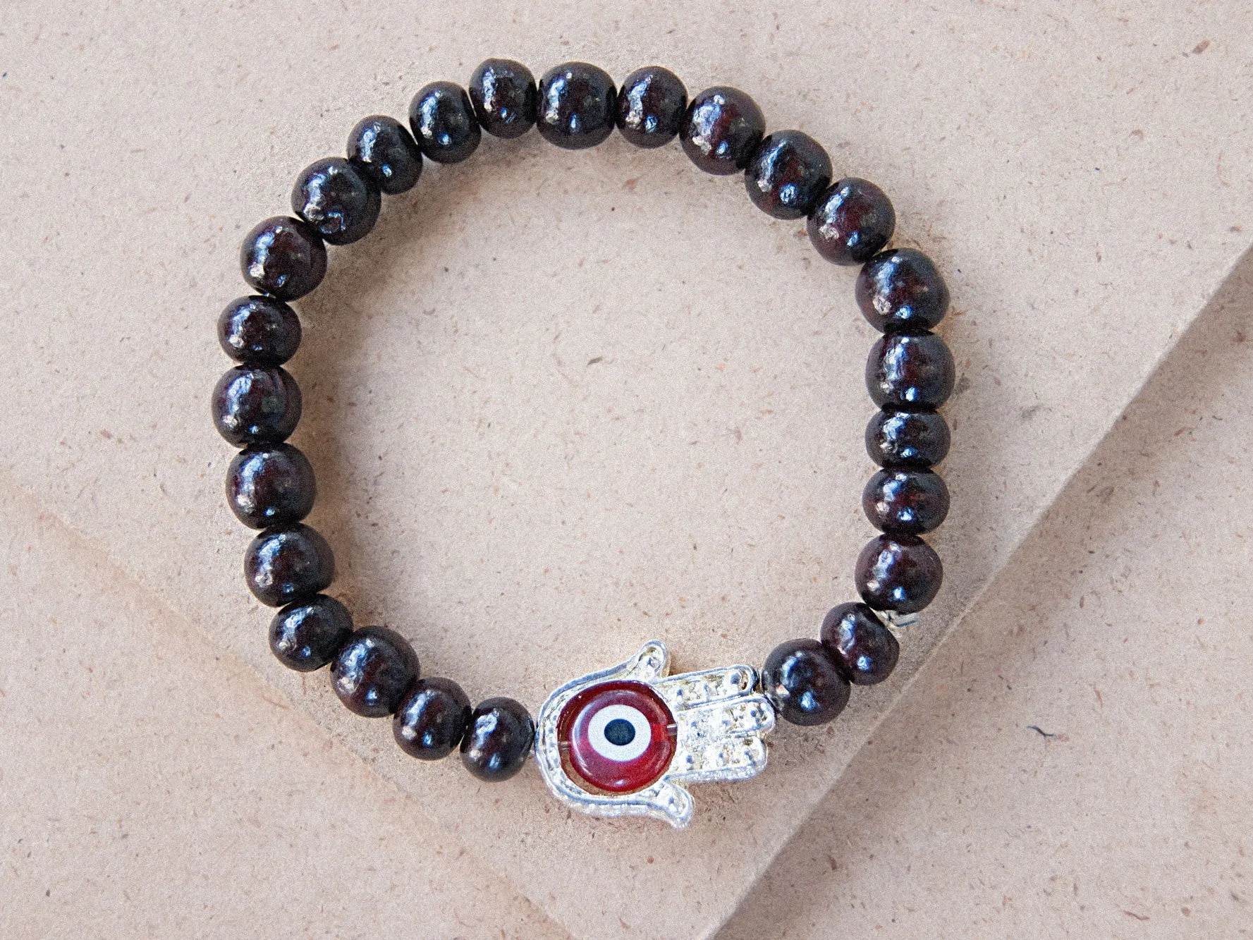 Rosewood Beaded Bracelet with Hamsa Charm