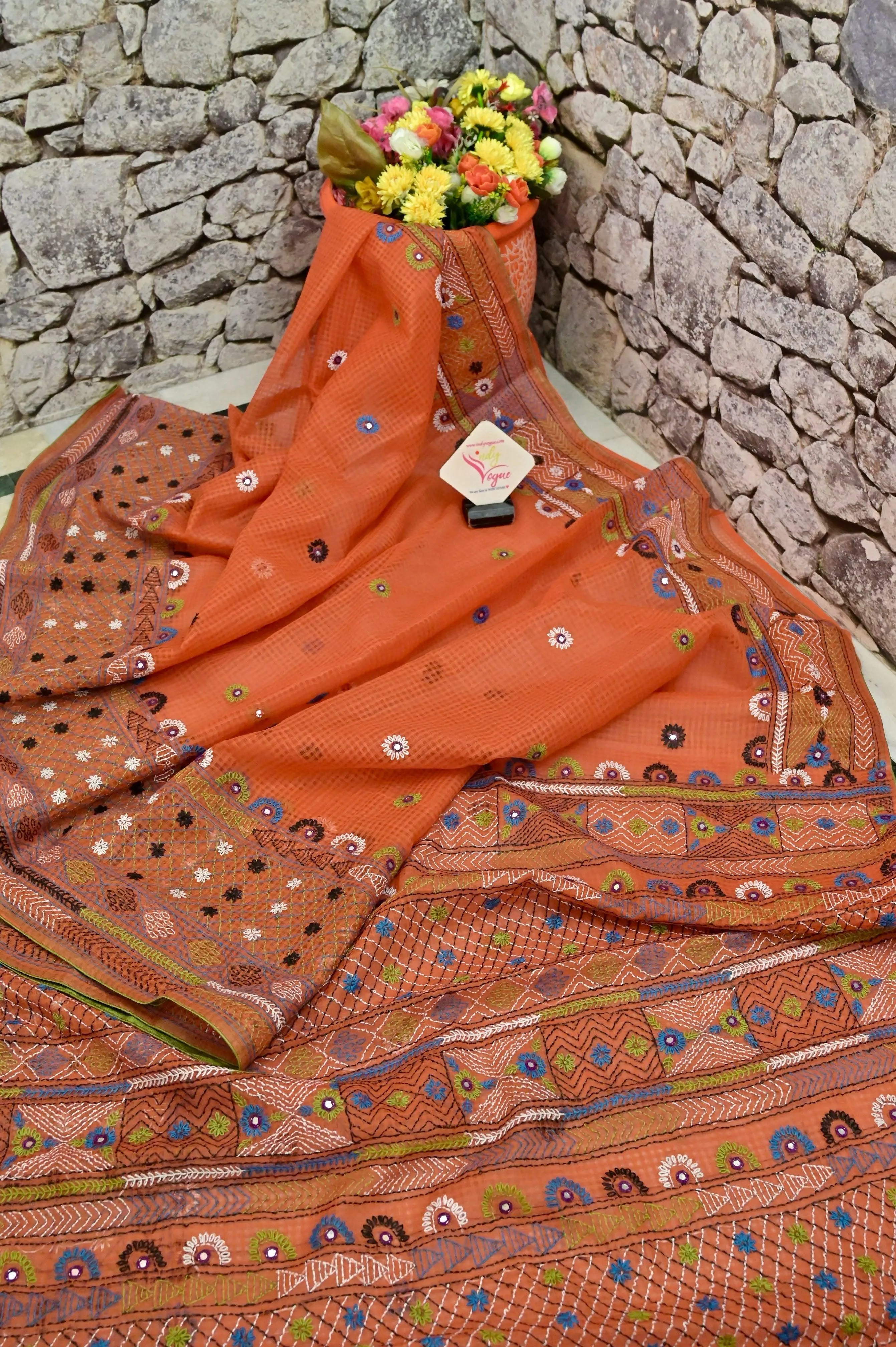 Rust Color Resham Kota Saree with Hand Lambani and Piping Border