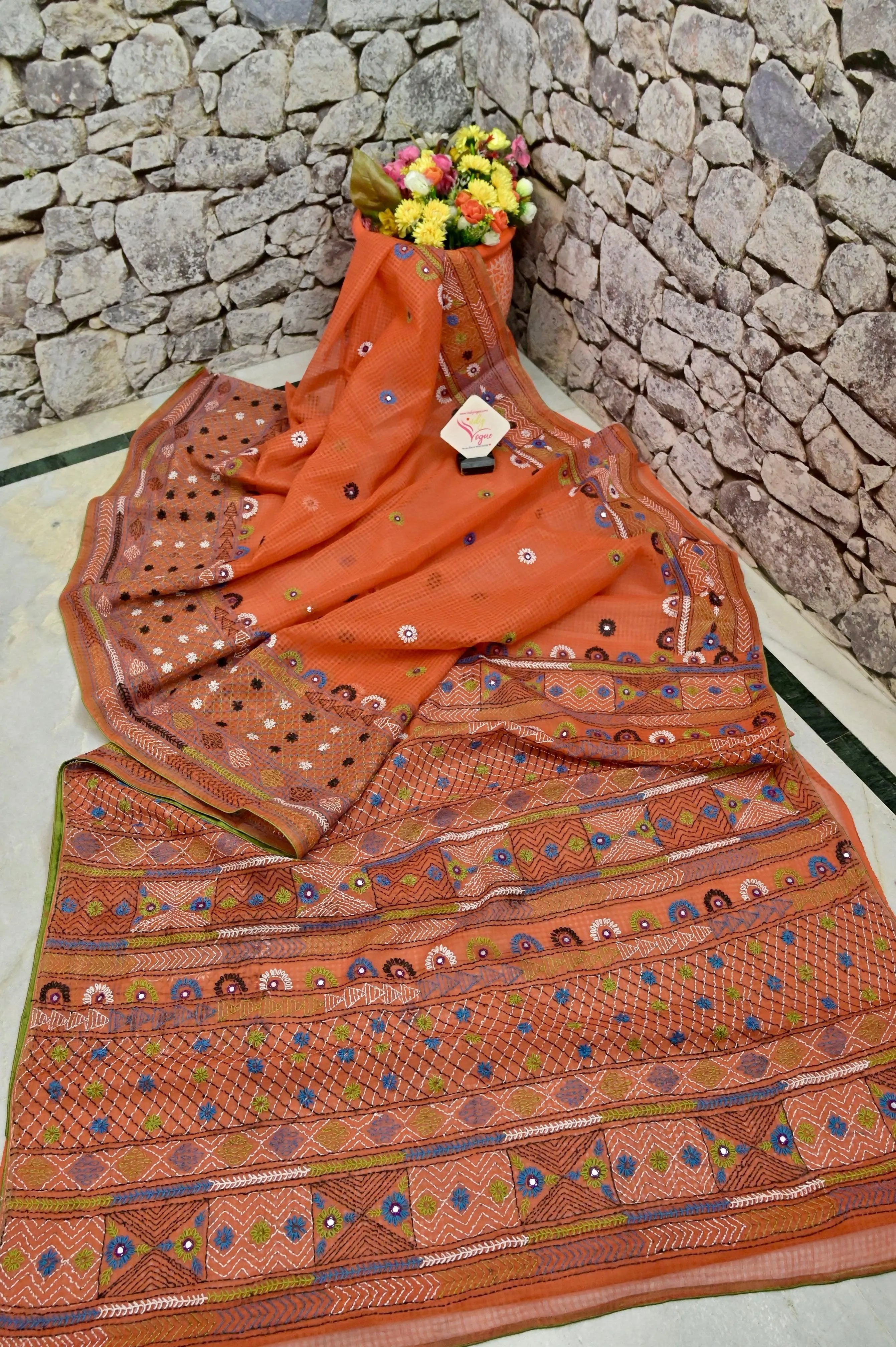 Rust Color Resham Kota Saree with Hand Lambani and Piping Border