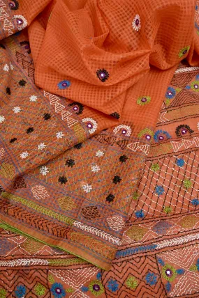 Rust Color Resham Kota Saree with Hand Lambani and Piping Border