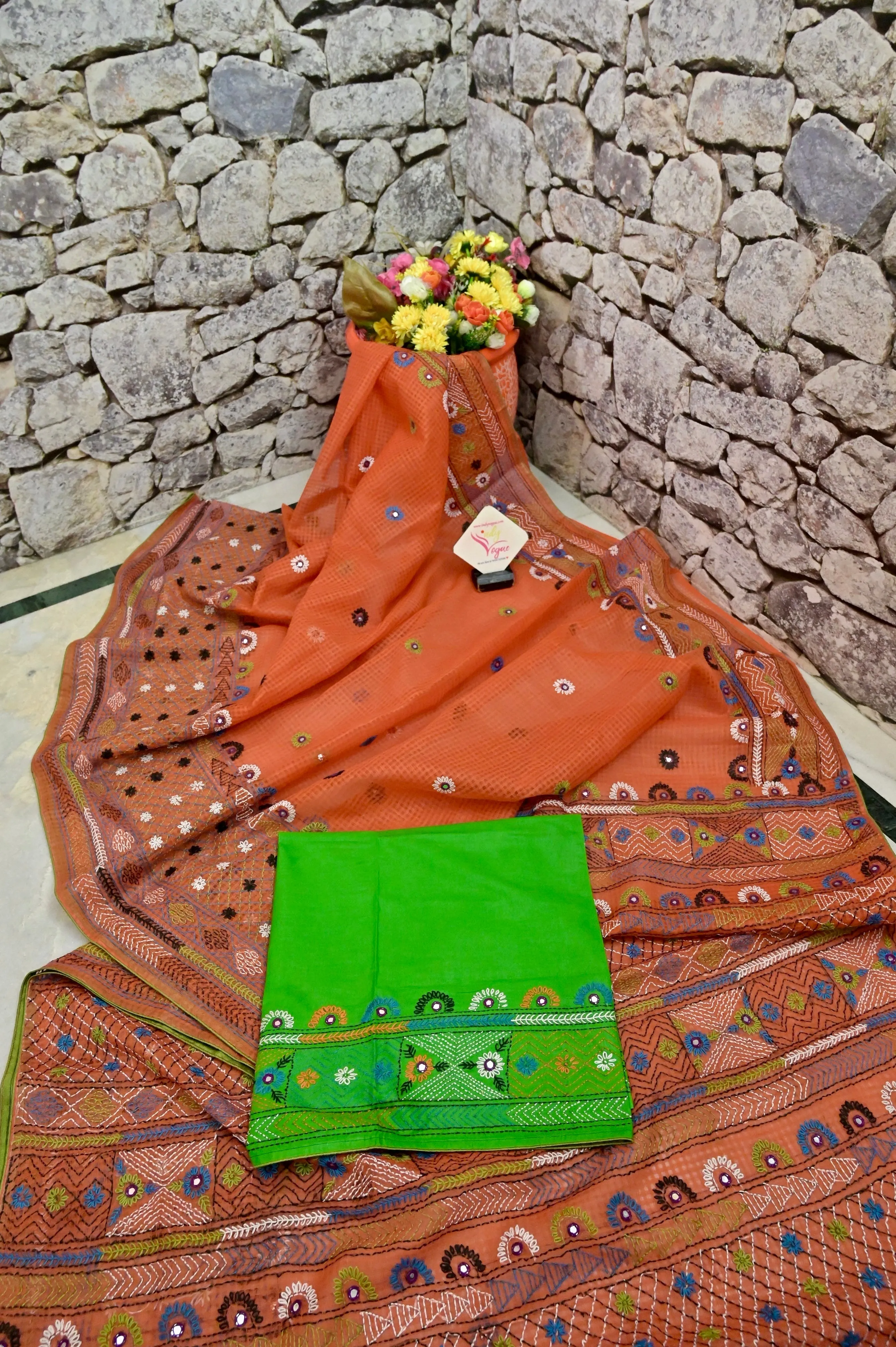 Rust Color Resham Kota Saree with Hand Lambani and Piping Border