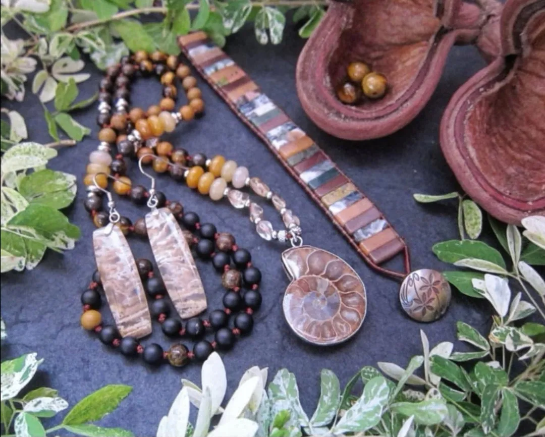 SALE - Ammonite Fossil, Bronzite, Black Onyx and Tigers Eye Mala Necklace