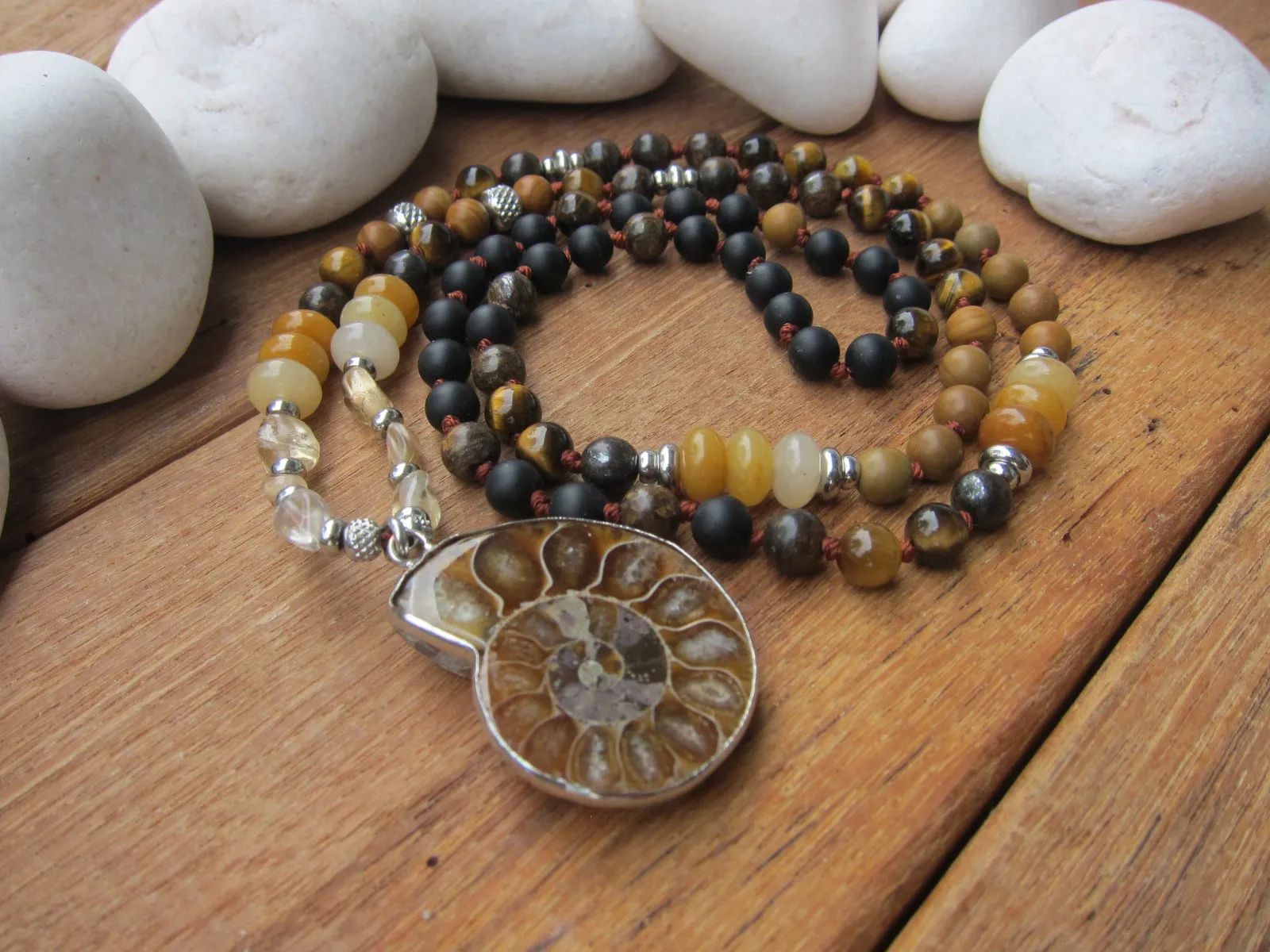 SALE - Ammonite Fossil, Bronzite, Black Onyx and Tigers Eye Mala Necklace