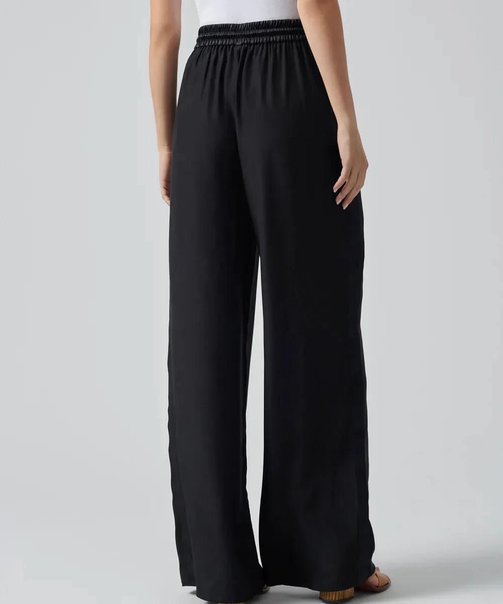 Silk Charmeuse Wide Leg Grosgrain Detail Pants - Black