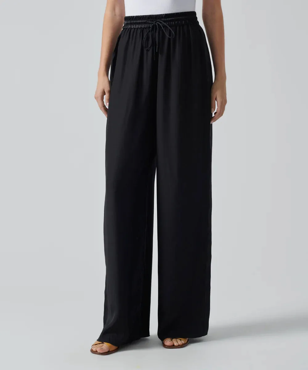 Silk Charmeuse Wide Leg Grosgrain Detail Pants - Black