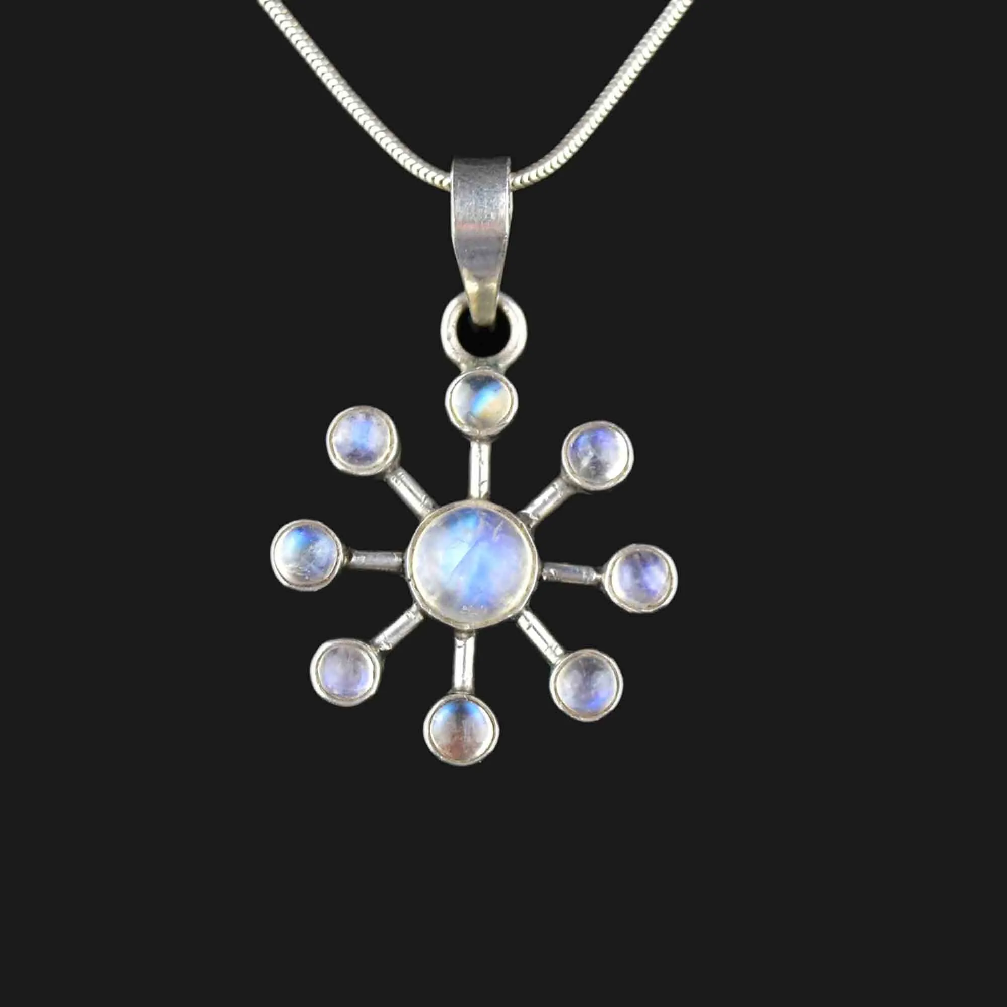 Silver Art Deco Style Moonstone Snowflake Pendant Necklace