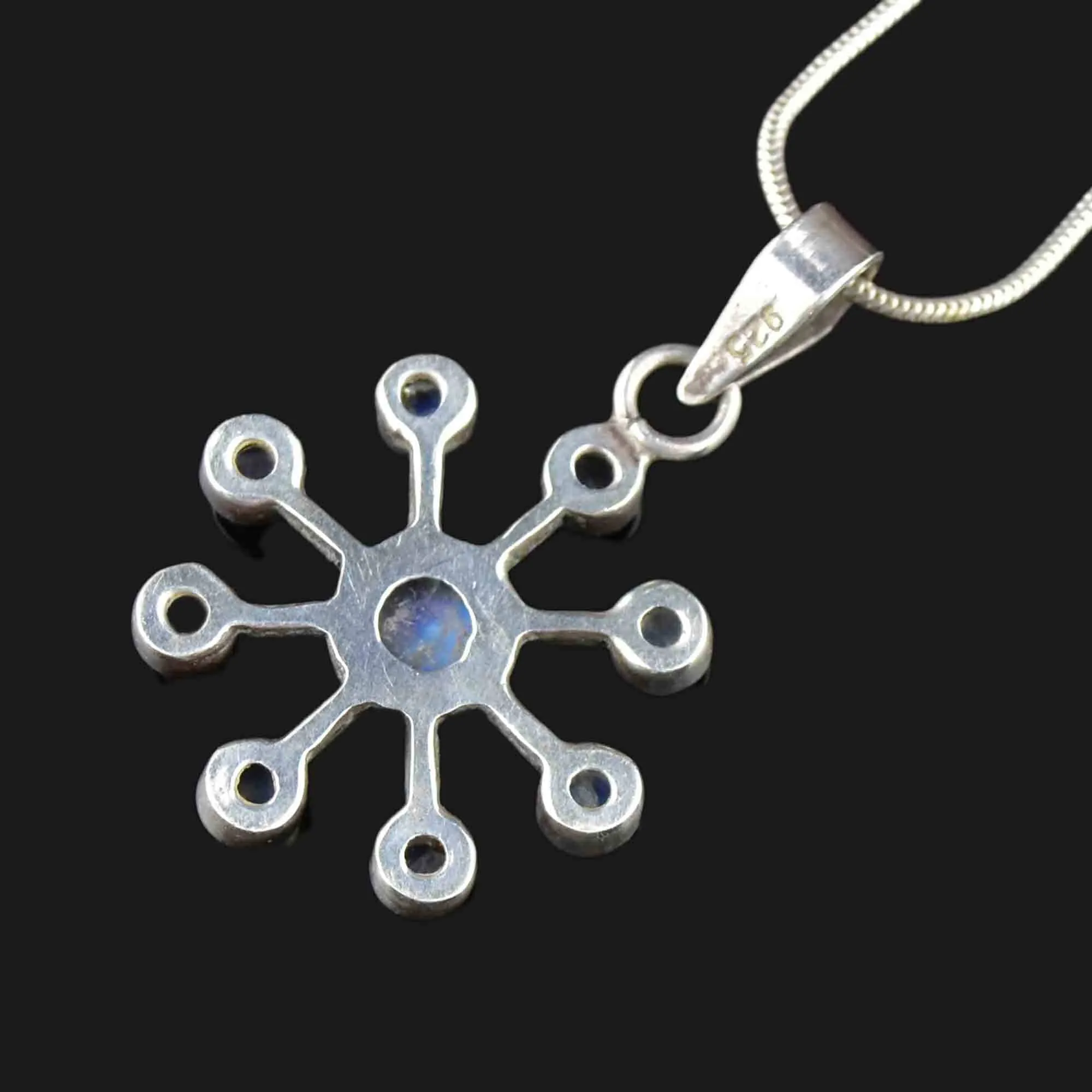 Silver Art Deco Style Moonstone Snowflake Pendant Necklace