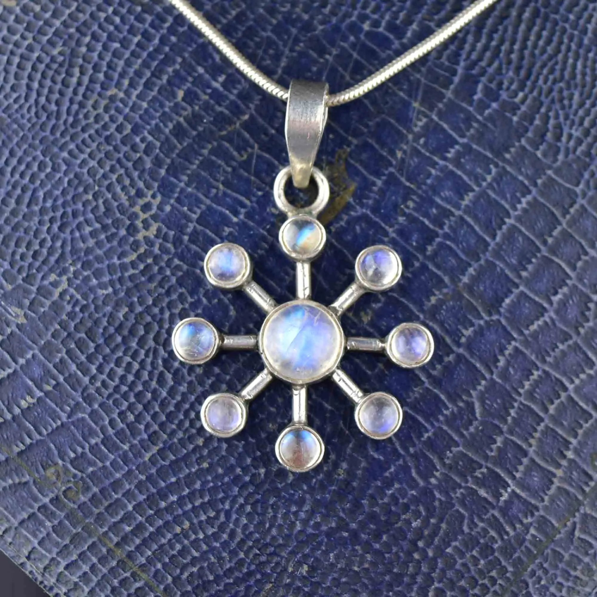 Silver Art Deco Style Moonstone Snowflake Pendant Necklace