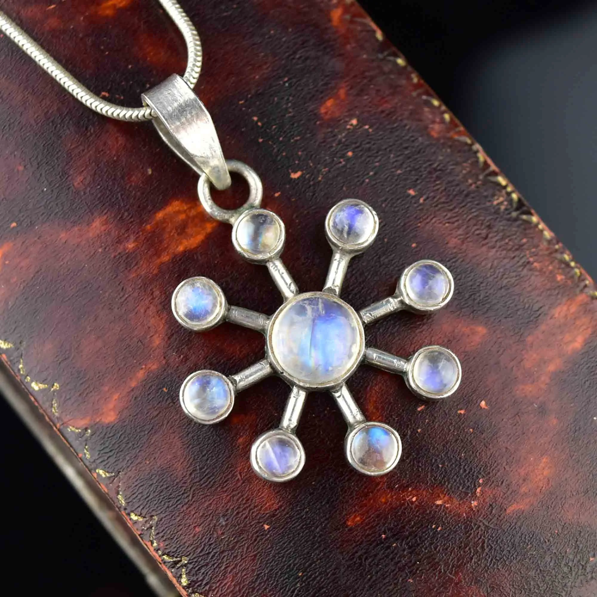 Silver Art Deco Style Moonstone Snowflake Pendant Necklace