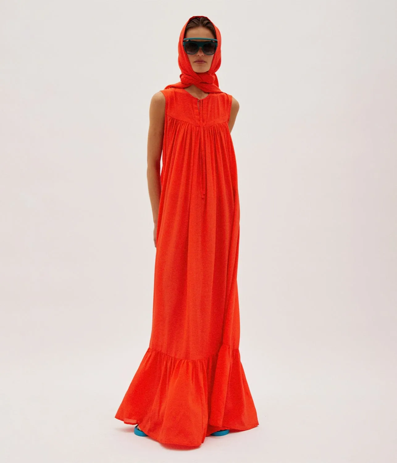 SLEEVELESS SILK MAXI- BLOOD ORANGE