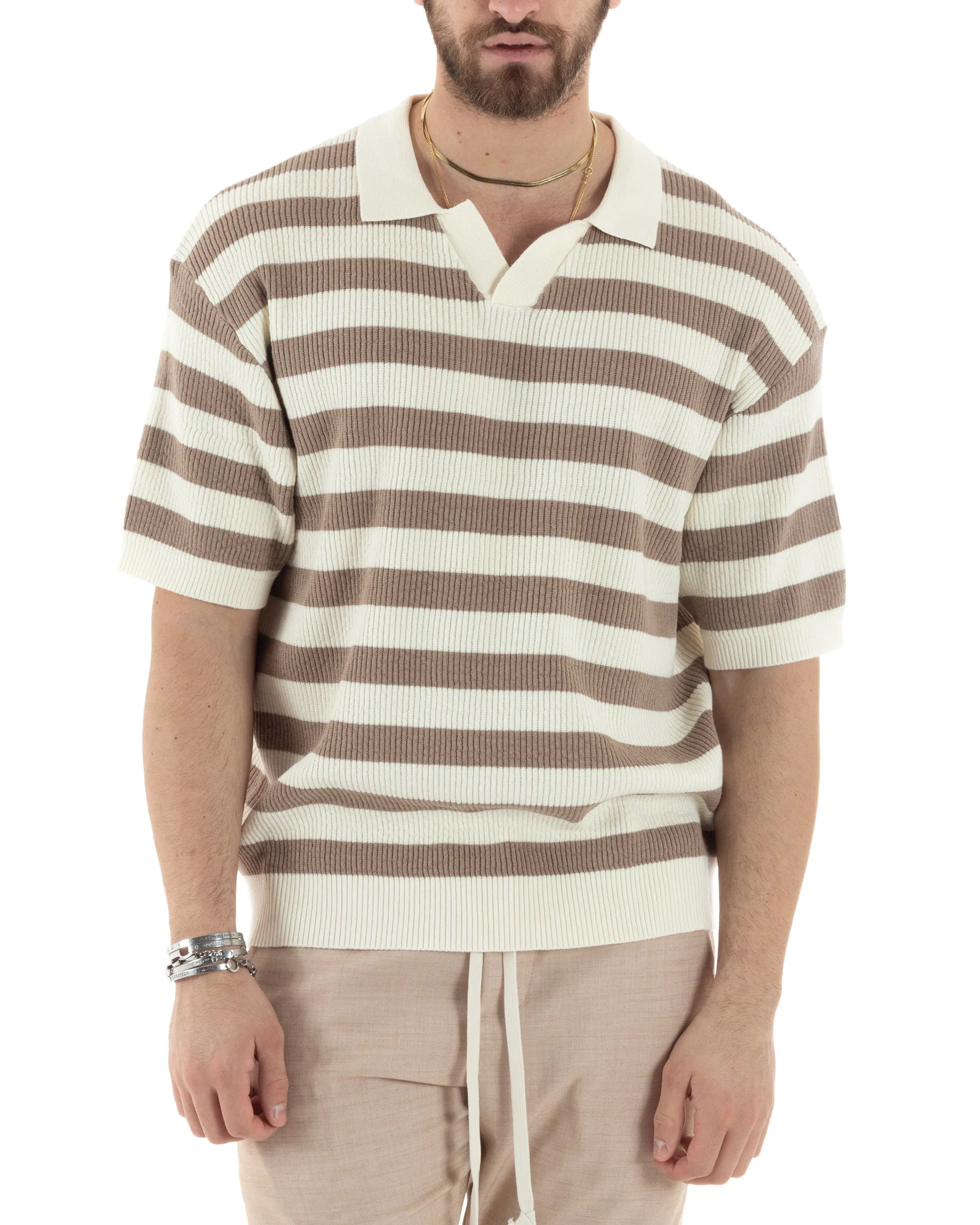 T-Shirt Uomo Maglia In Filo Rigata Beige Maglia Con Colletto Polo Scollo V Casual GIOSAL-TS2992A