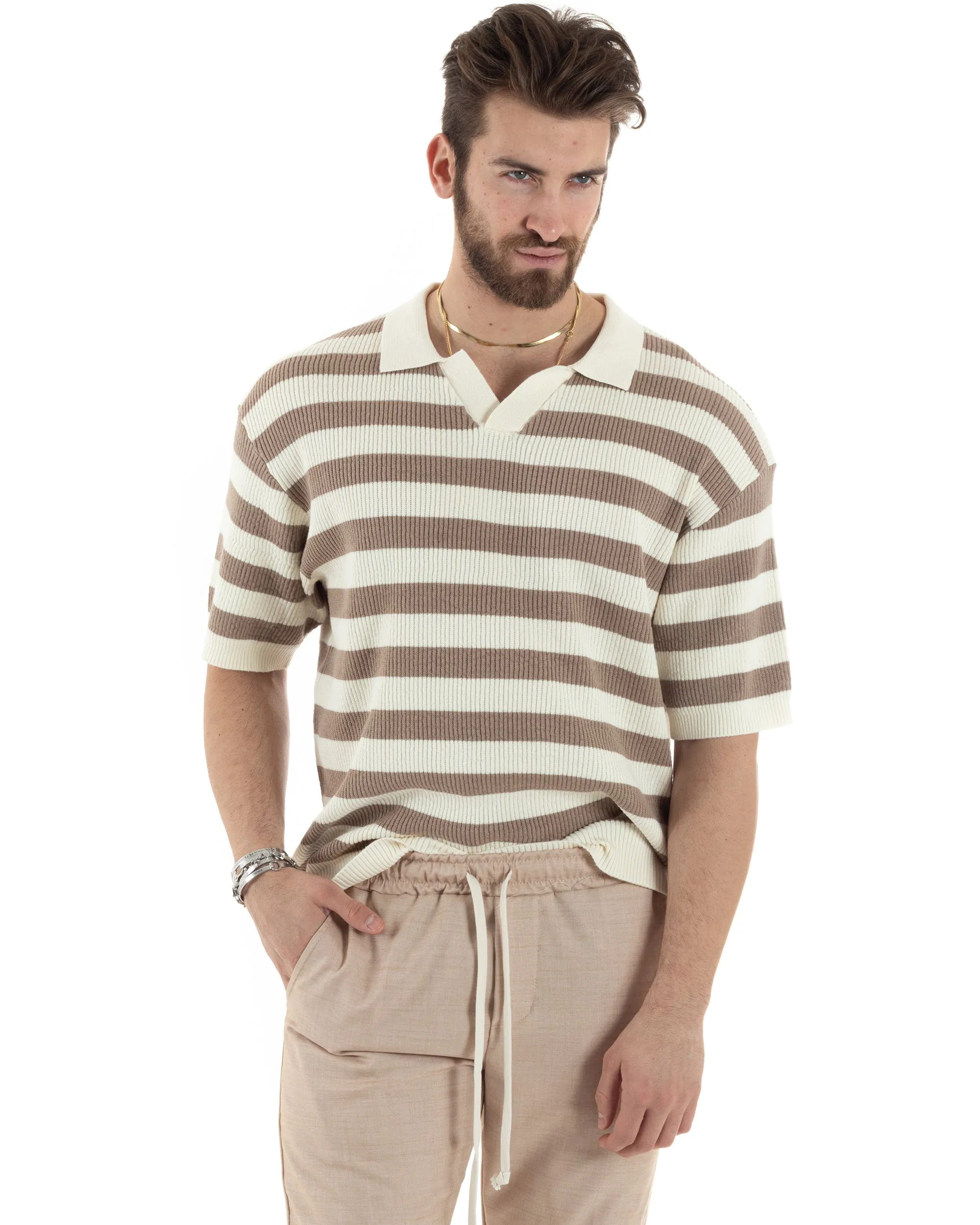 T-Shirt Uomo Maglia In Filo Rigata Beige Maglia Con Colletto Polo Scollo V Casual GIOSAL-TS2992A