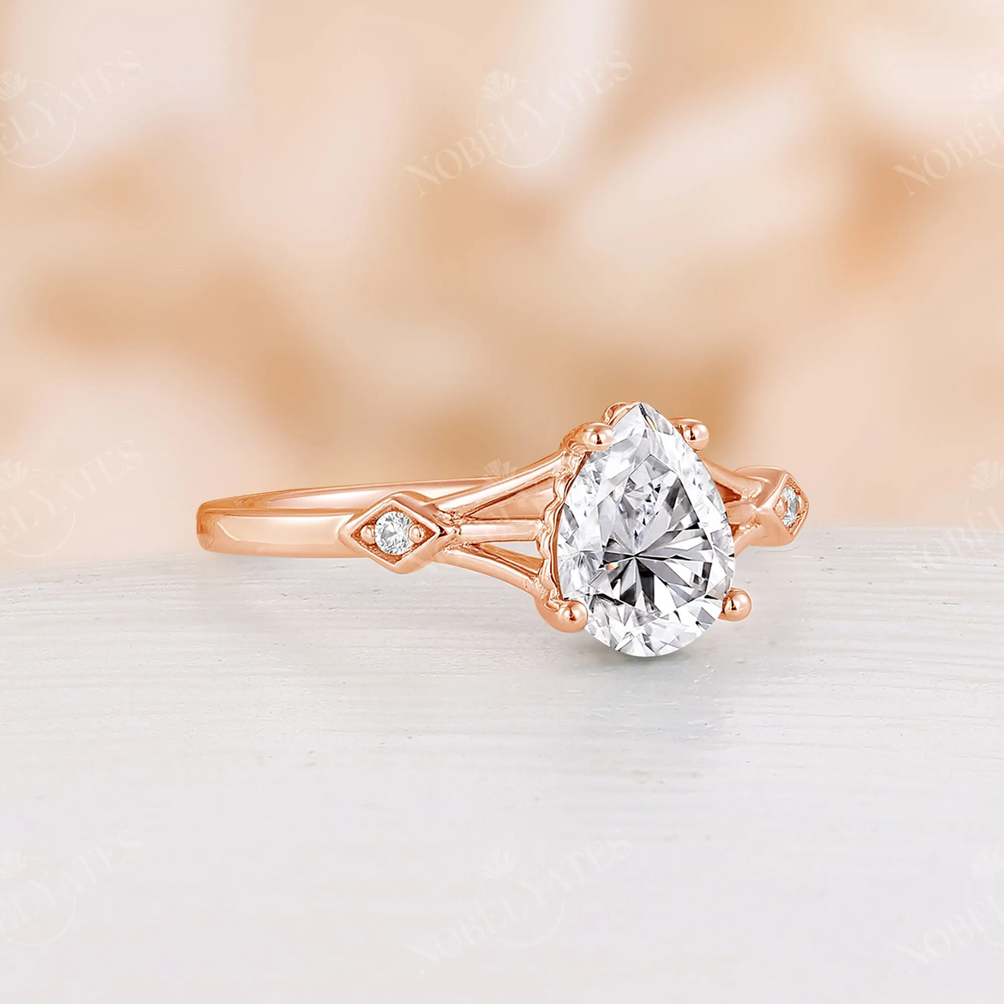 Teardrop Moissanite Engagement Ring Split Band Rose Gold