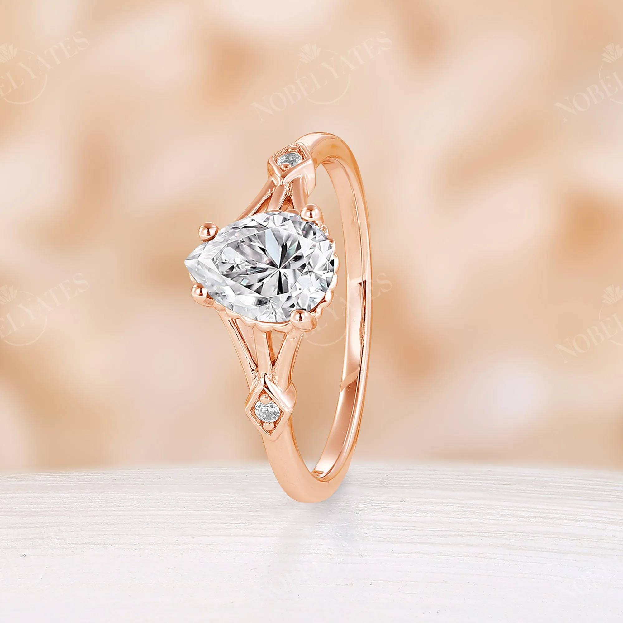 Teardrop Moissanite Engagement Ring Split Band Rose Gold