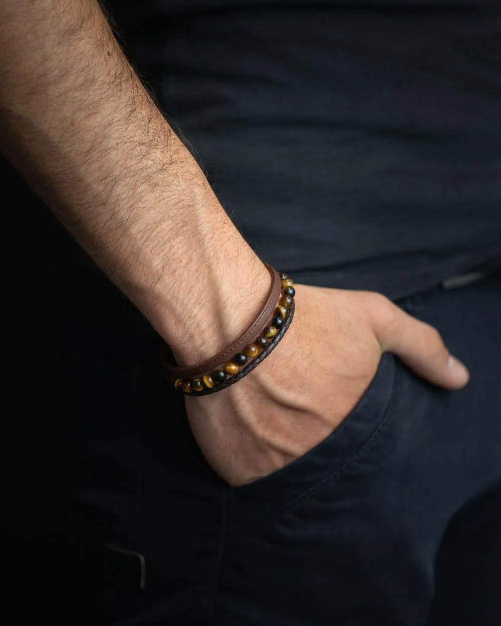 Triple bracelet with 6mm Tiger Eye stone and Nappa leather