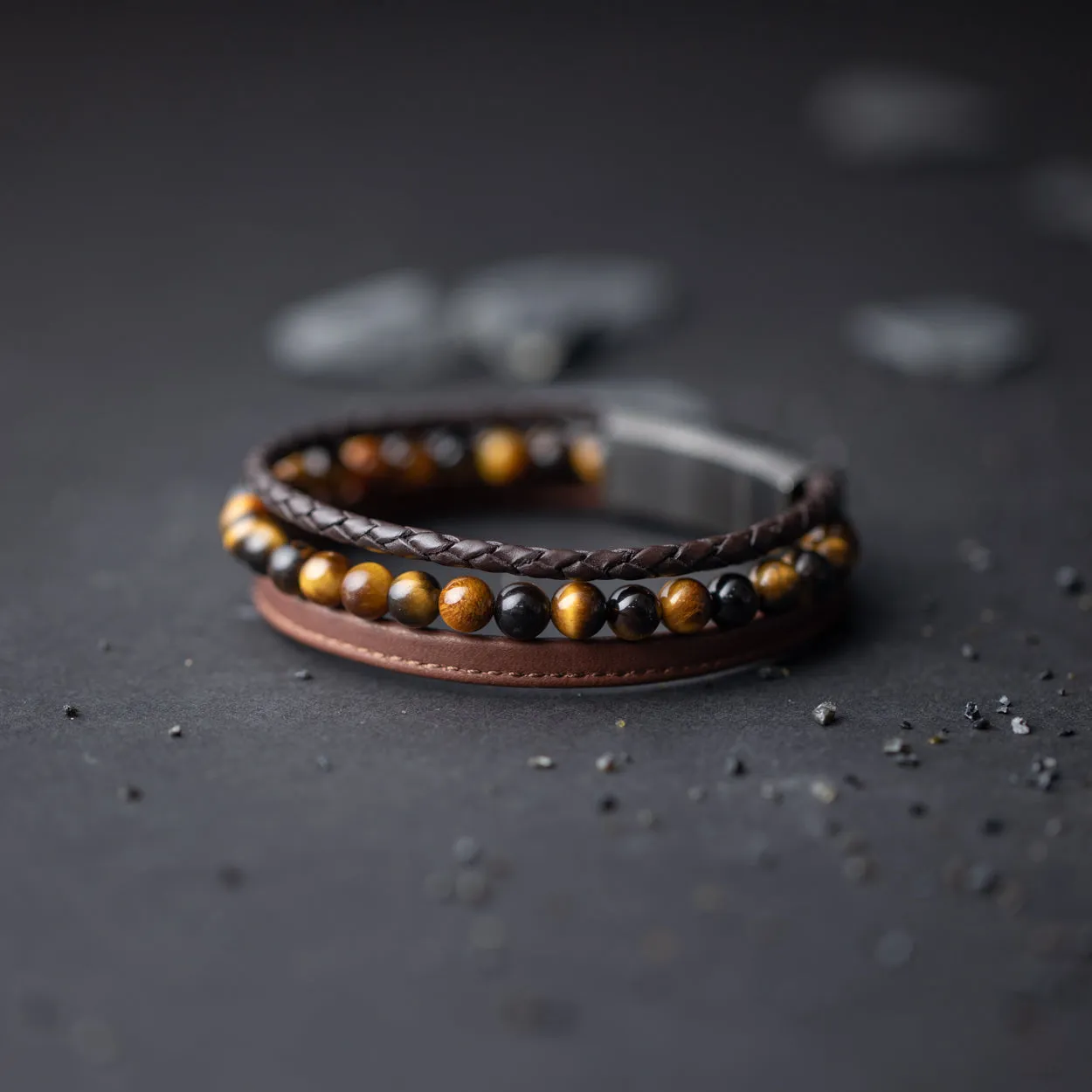 Triple bracelet with 6mm Tiger Eye stone and Nappa leather