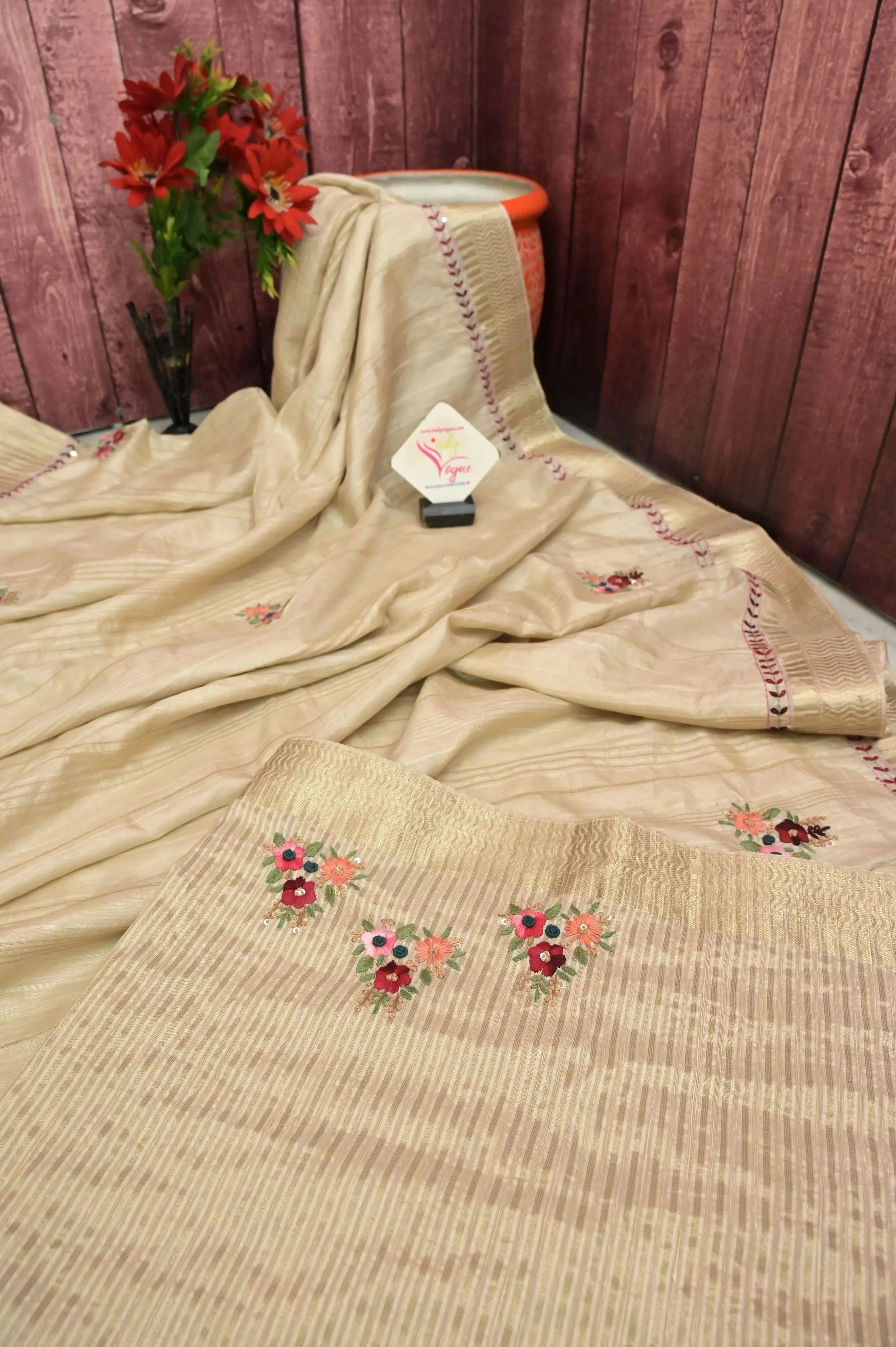 Tussar Color Bhagalpuri Silk with Zari Border with Parsi Embroidery and Sequin Work