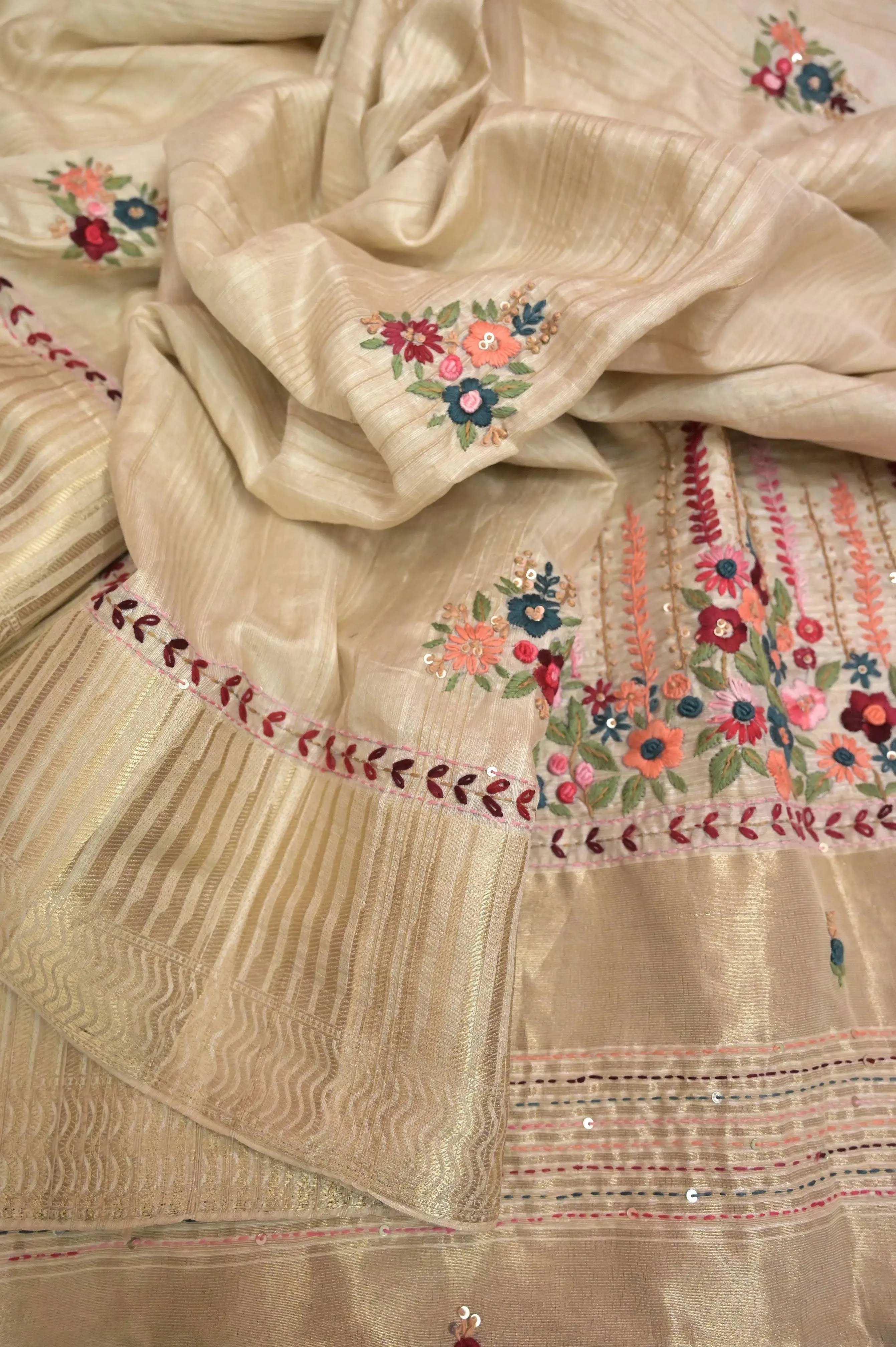 Tussar Color Bhagalpuri Silk with Zari Border with Parsi Embroidery and Sequin Work