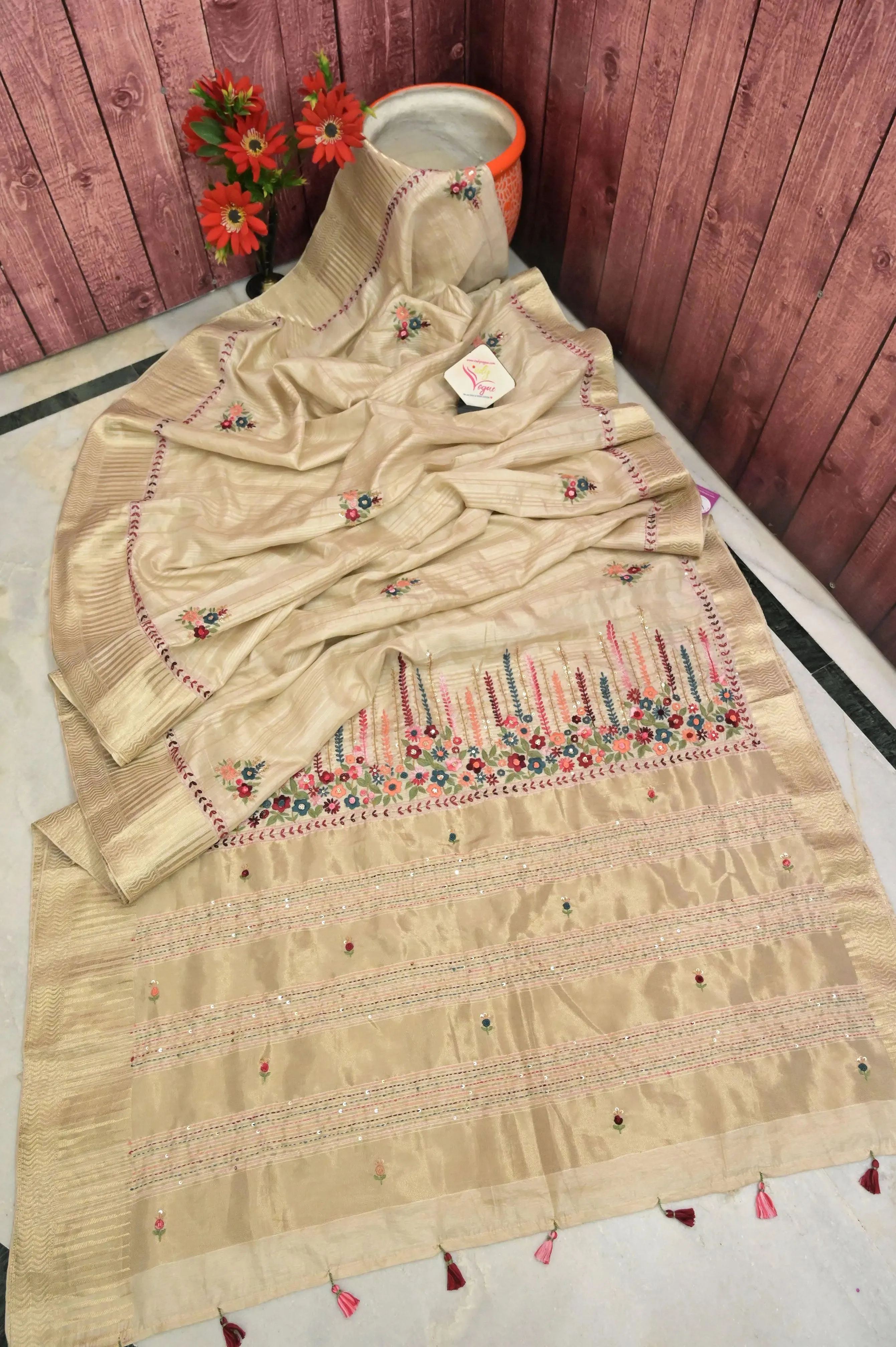 Tussar Color Bhagalpuri Silk with Zari Border with Parsi Embroidery and Sequin Work