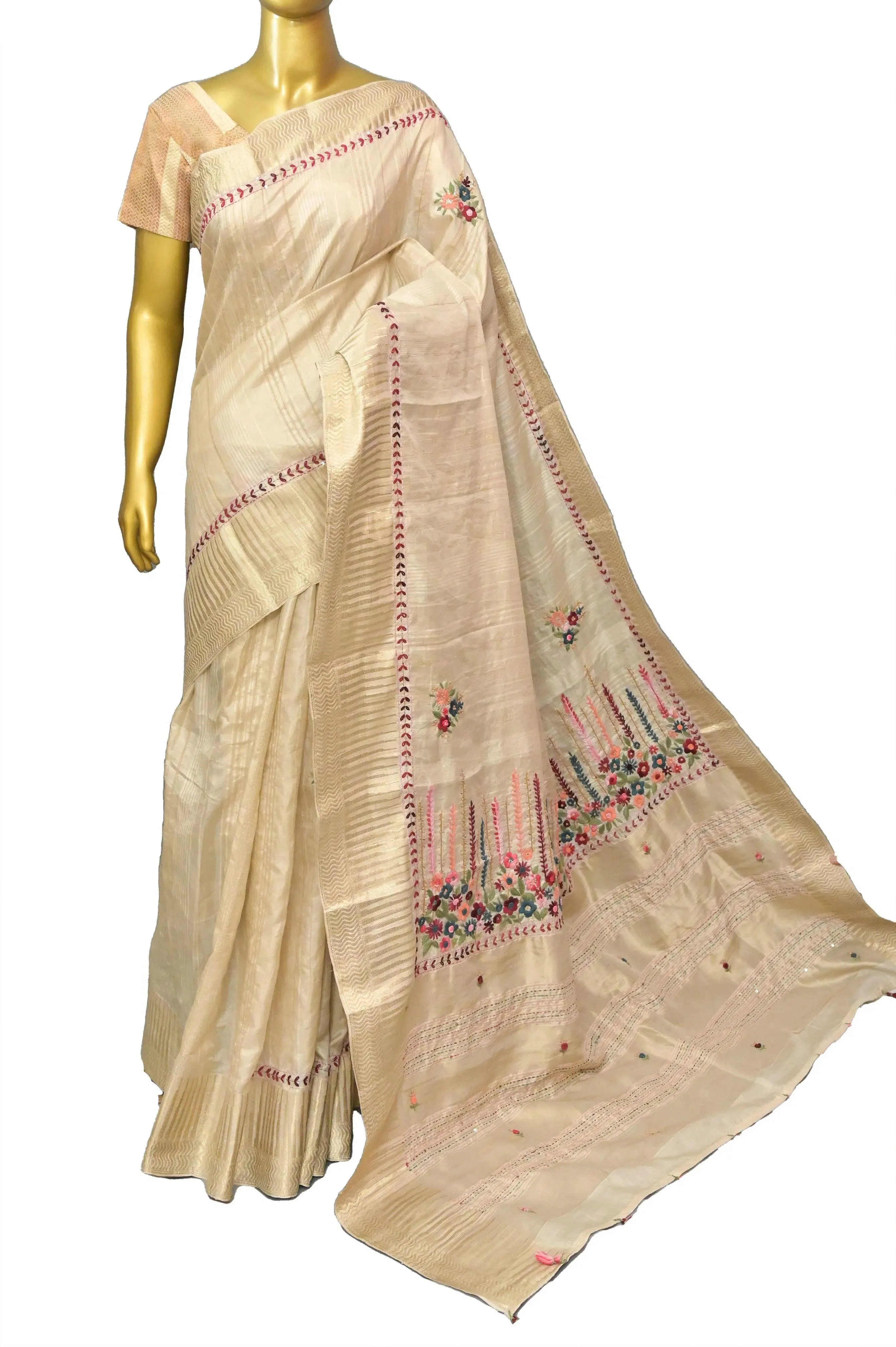 Tussar Color Bhagalpuri Silk with Zari Border with Parsi Embroidery and Sequin Work