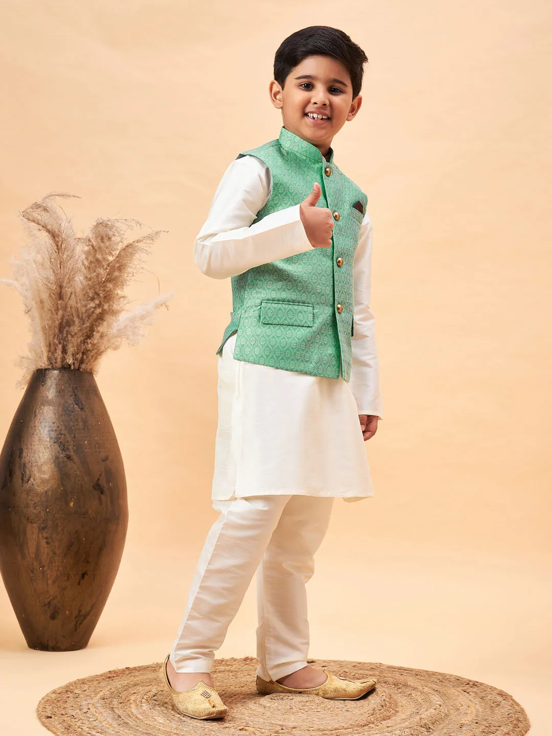 VASTRAMAY Boy's Green Woven Jacket With Cream Kurta and Pyjama Set