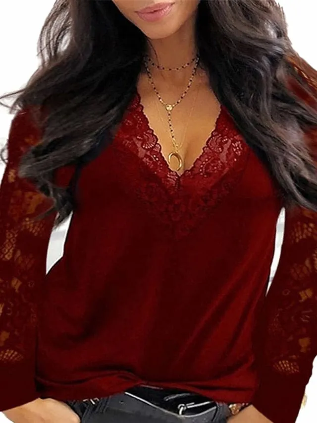 Versatile Women's Lace Shirt with V-Neck and Long Sleeves