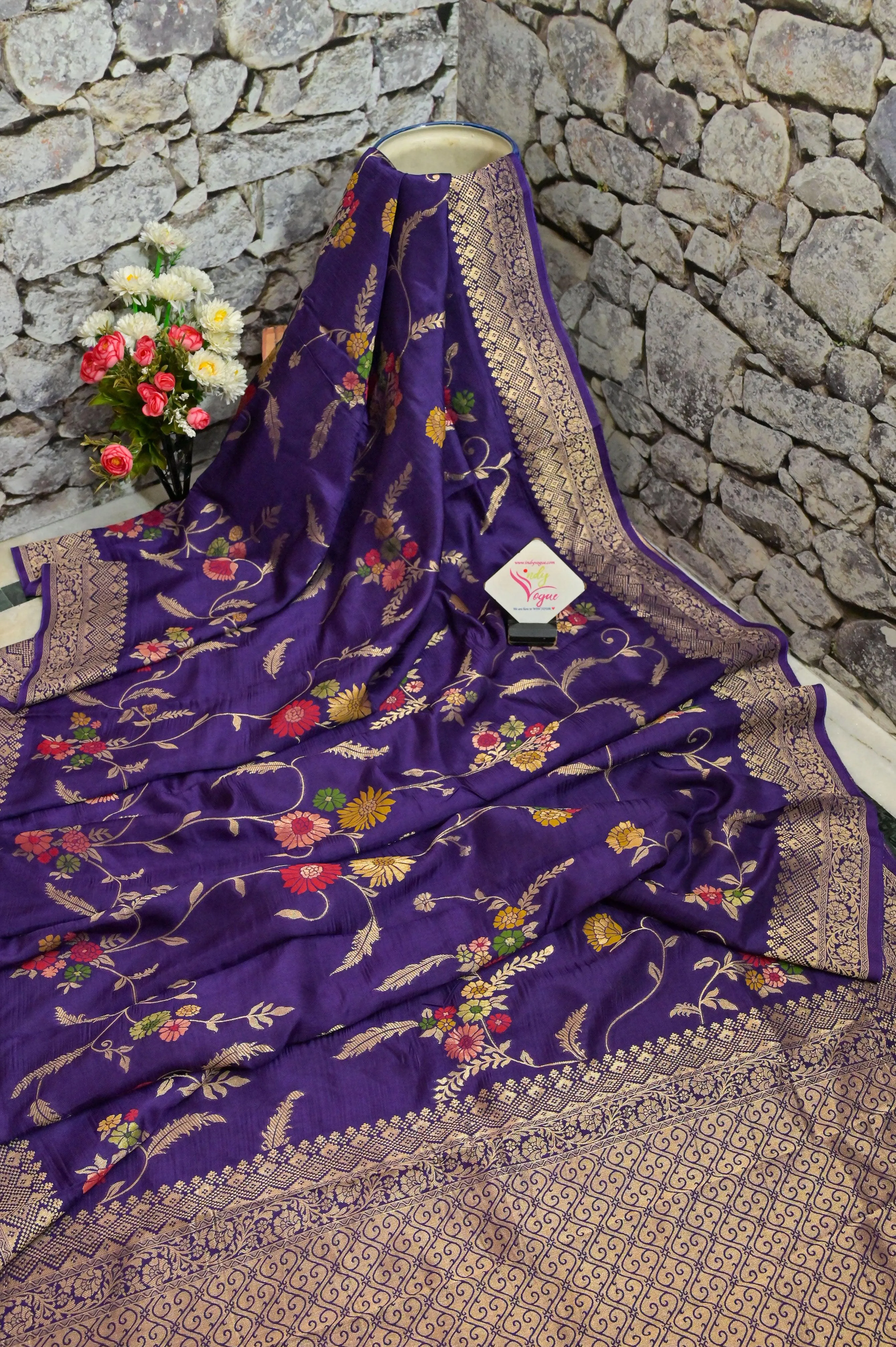 Violet Color Muga Banarasi Silk Saree with Jaal Work