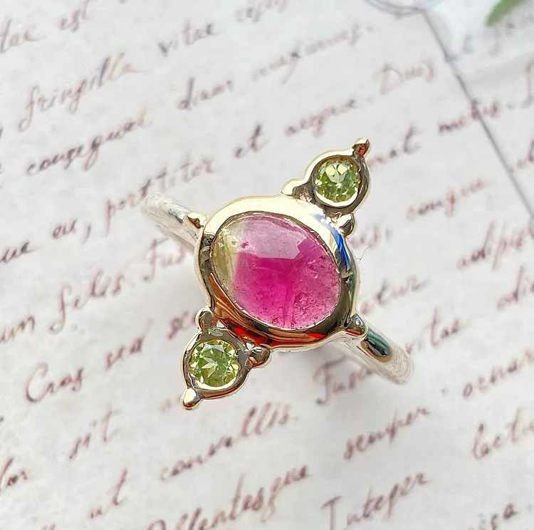 Watermelon Tourmaline & Peridot 14k Yellow Gold & Sterling Silver Ring 7US