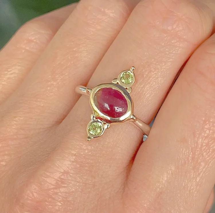 Watermelon Tourmaline & Peridot 14k Yellow Gold & Sterling Silver Ring 7US