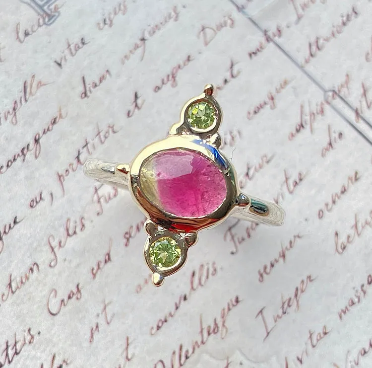 Watermelon Tourmaline & Peridot 14k Yellow Gold & Sterling Silver Ring 7US