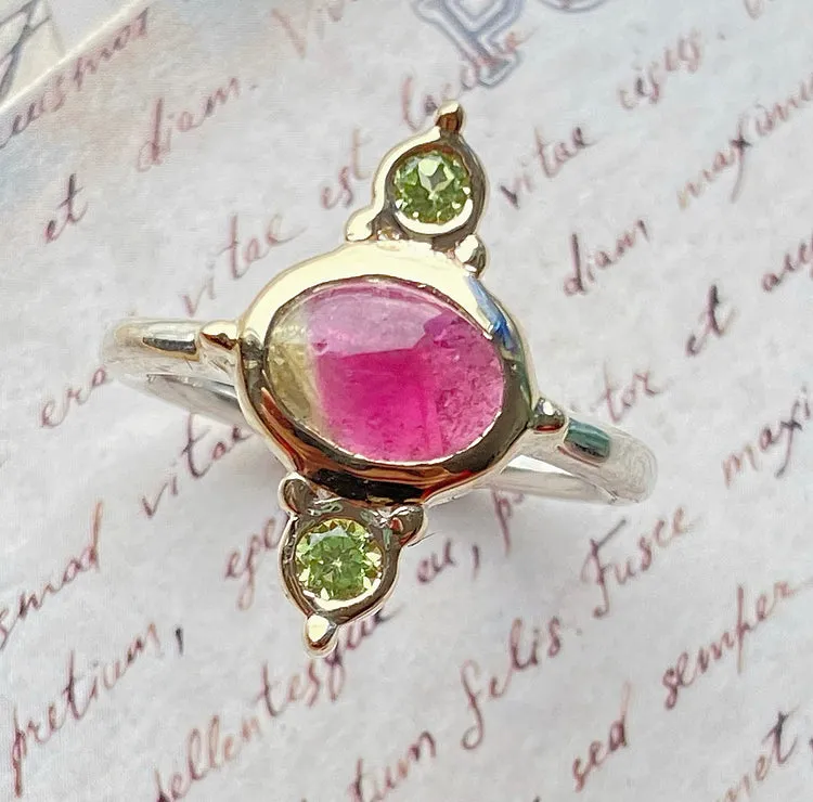 Watermelon Tourmaline & Peridot 14k Yellow Gold & Sterling Silver Ring 7US