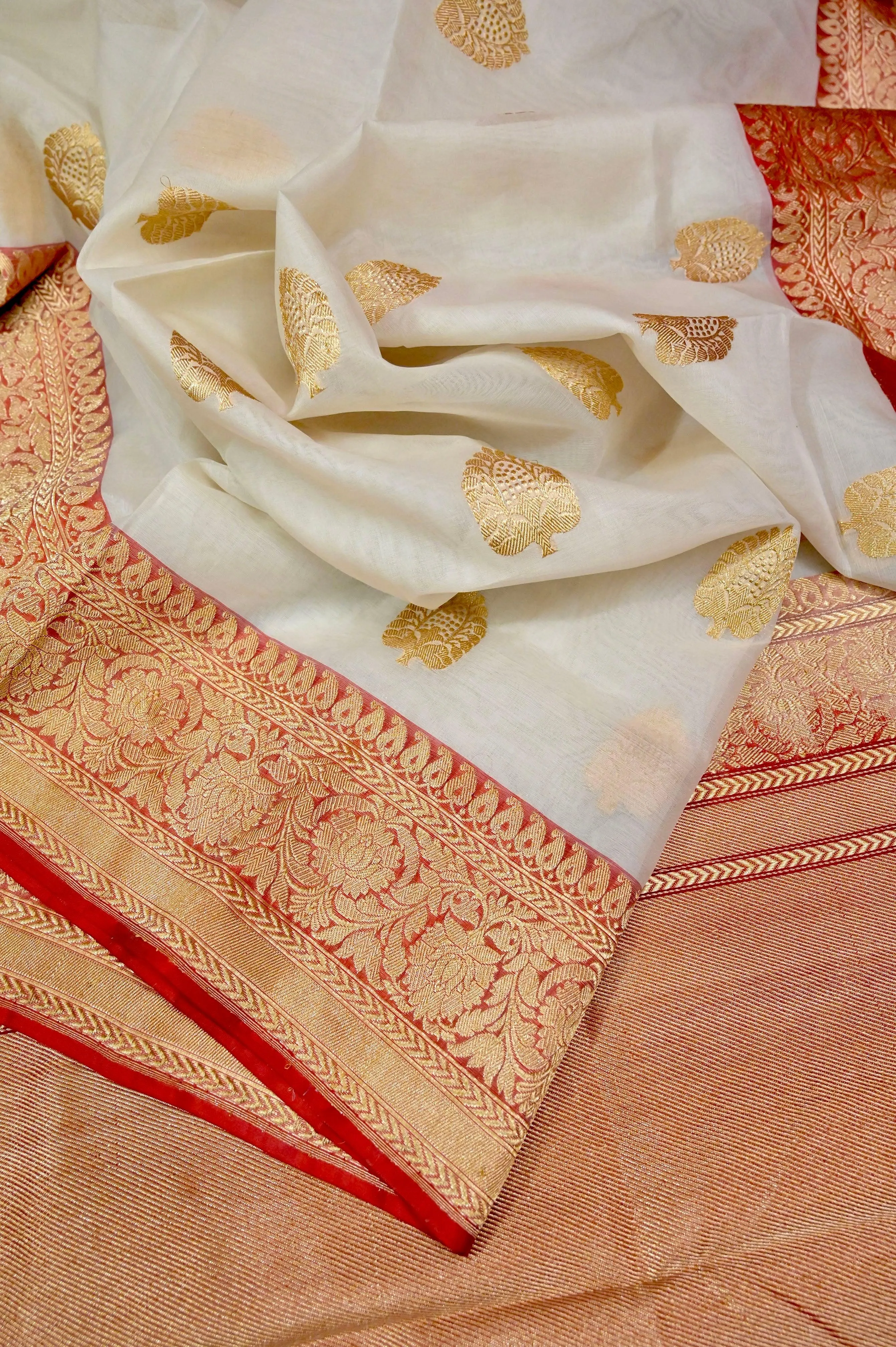 White and Red Color Kora Organza Banarasi Saree with Golden Butta