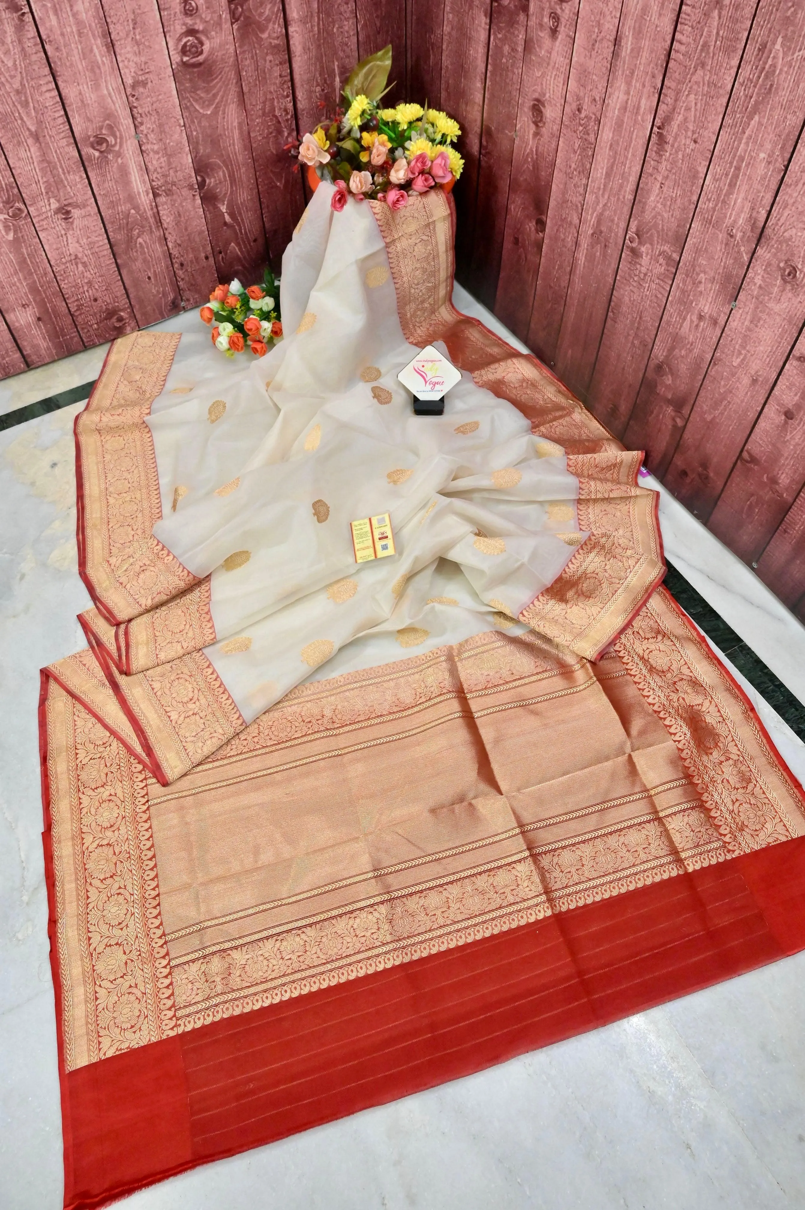 White and Red Color Kora Organza Banarasi Saree with Golden Butta