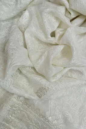 White Color Chiffon Banarasi With Chikankari Work