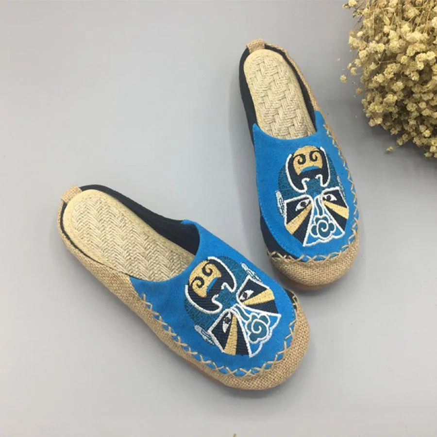 Women Peking Opera Facial Embroidered Casual Flats Home Slippers