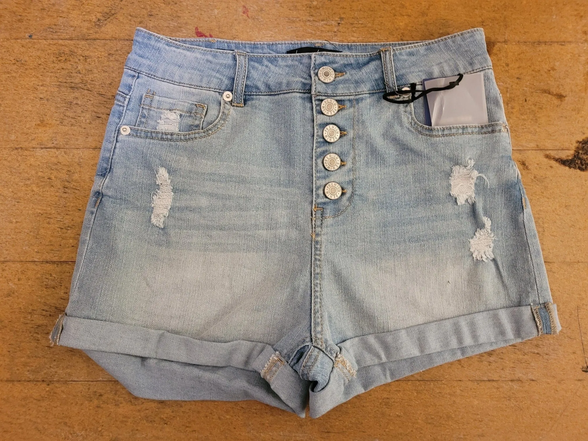 Women's Distressed 5 Button Down Lt. Blue Demin Shorts