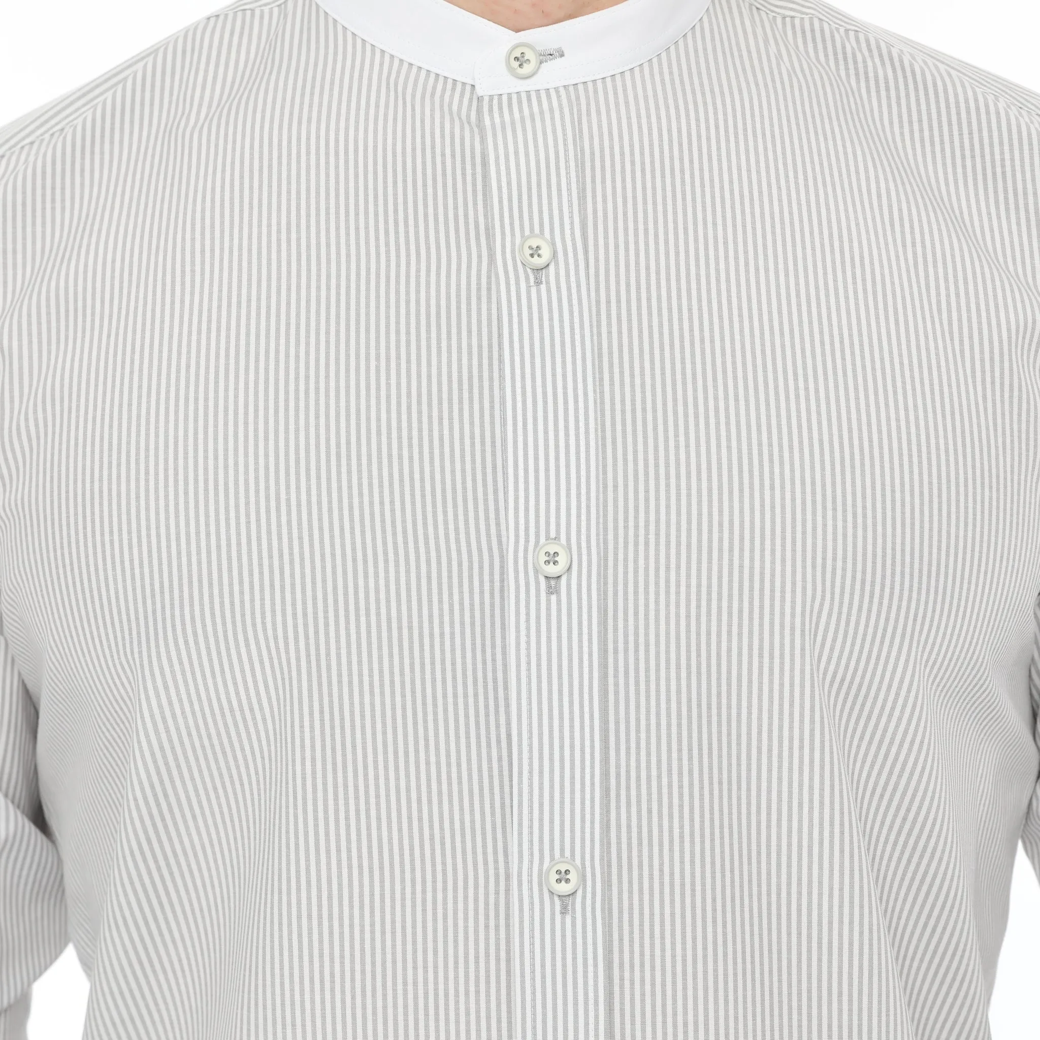 Xact Mens White Collar Striped Grandad Shirt - Long Sleeved